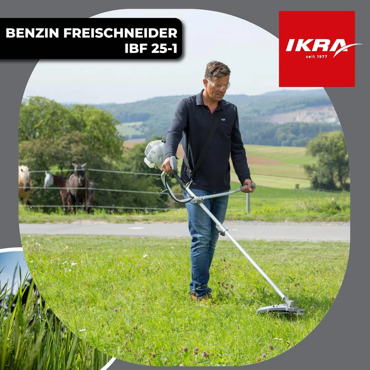 IKRA Podkaszarka spalinowa IBF 43 z przydatnymi akcesoriami 25cm³ 0,8 kW | Bogaty zestaw:nóż 4- i 8-zębny,szpula,okulary,pas naramienny,silnik 2-suwowy,uchwyt rowerowy,szerokość cięcia 23 cm