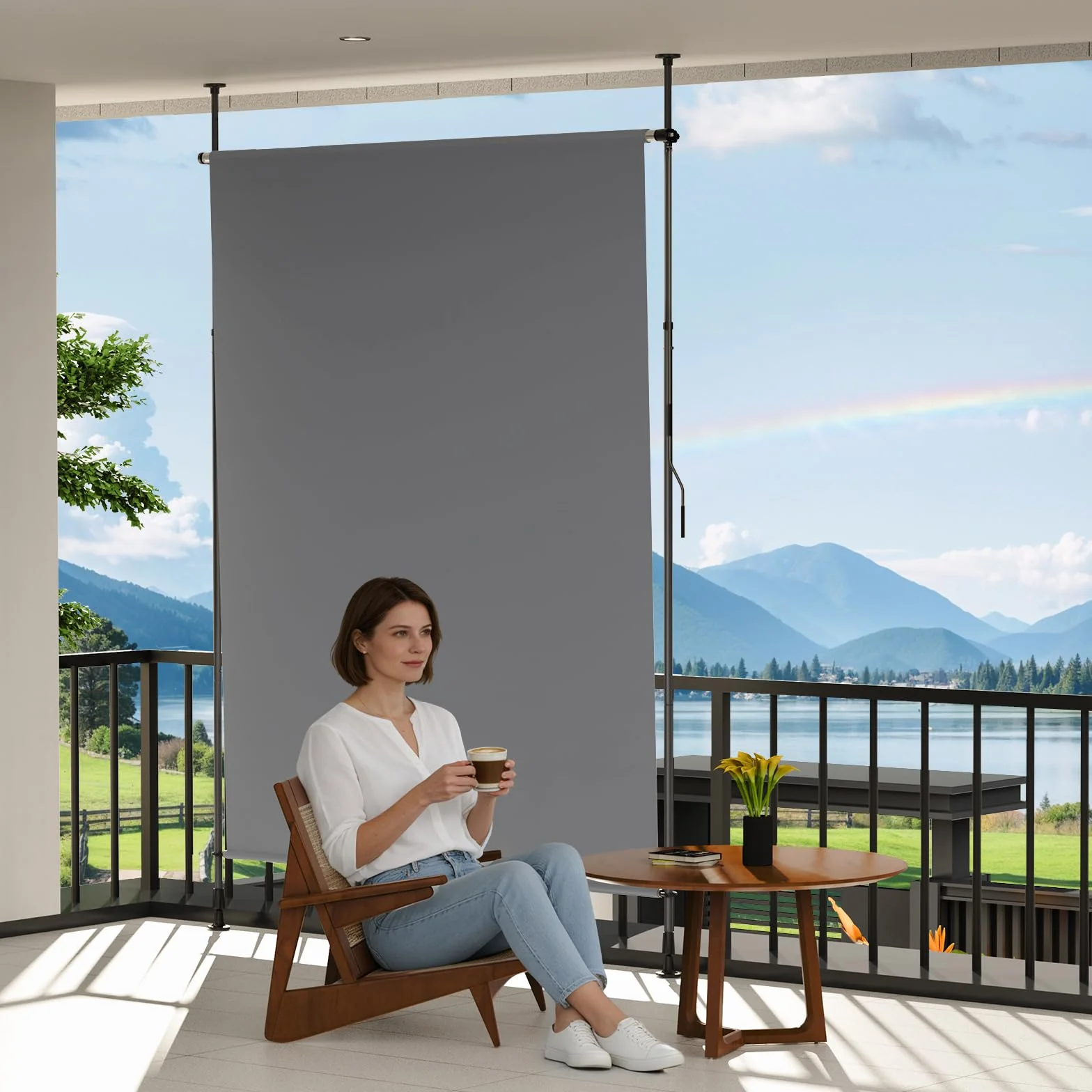 YEAUPE PRO Pionowa markiza zewnętrzna, 200 x 270 cm, ciemnoszara, bez wiercenia, markiza zaciskowa z korbą ręczną, nadaje się na balkon, taras, na zewnątrz i do ogrodu, odporna na warunki
