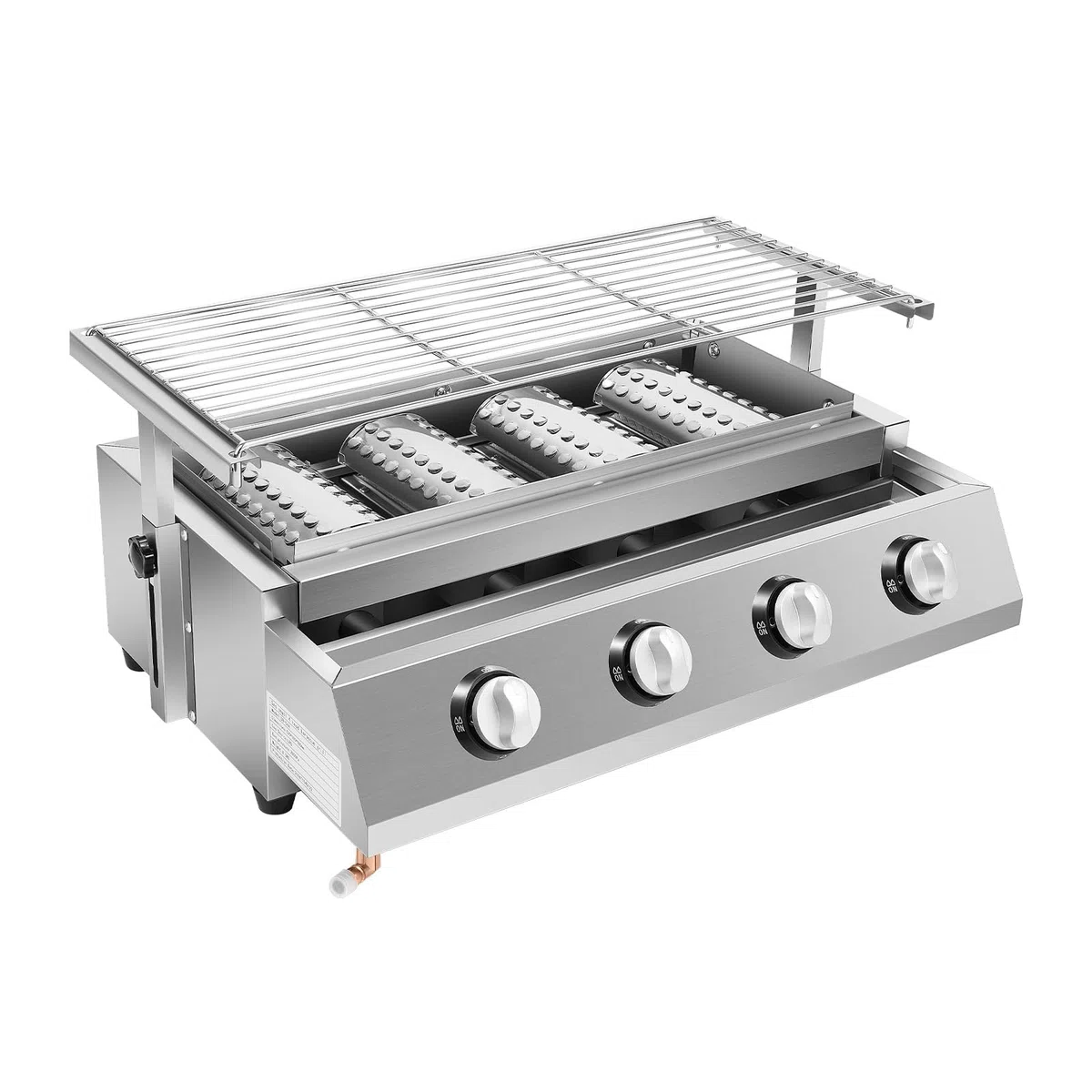 Grill gazowy ze stali nierdzewnej, 4-punktowy grill gazowy, grill stołowy z regulacją wysokości, zdejmowany ruszt do grillowania i tacka na olej do LPG, na kemping, balkon, do ogrodu