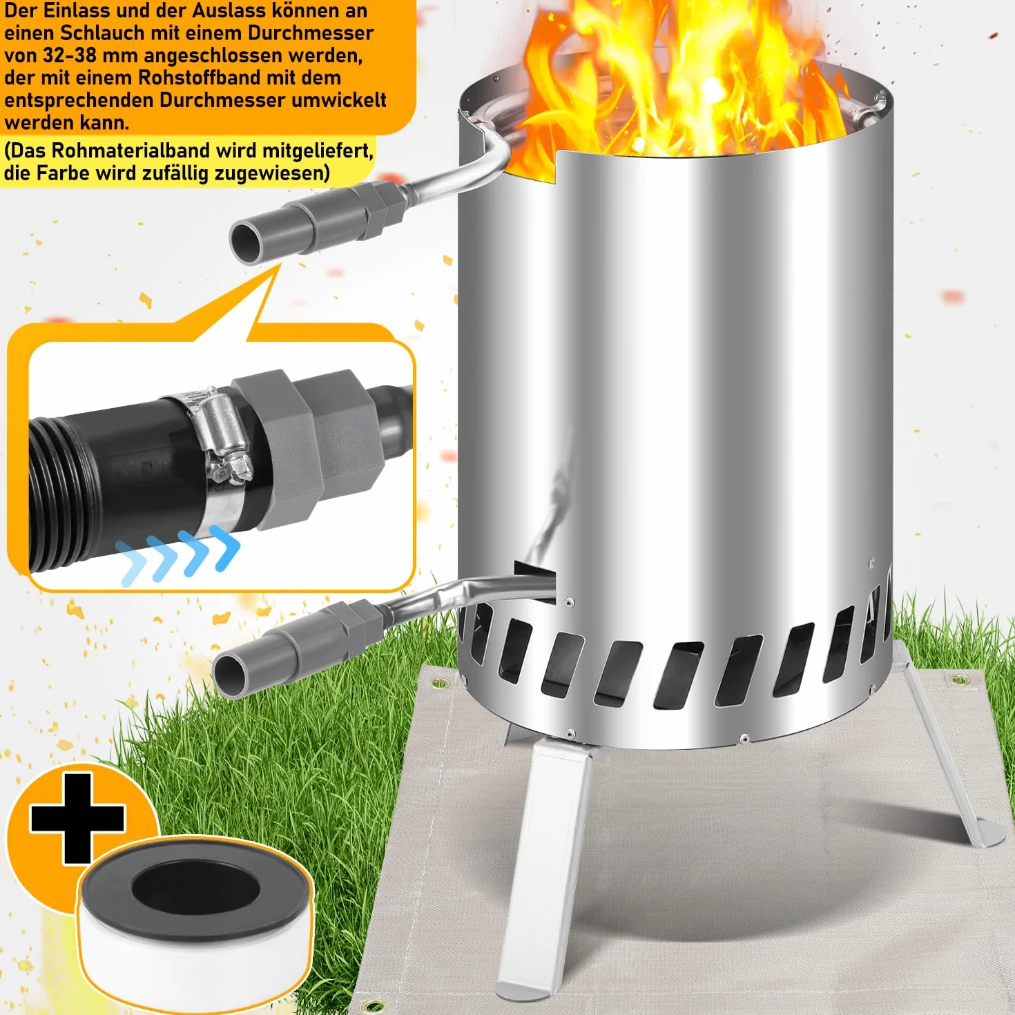 Piec basenowy ze stali nierdzewnej, ogrzewanie basenu na drewno, przyłącza 32-38 mm, odporny do 300°C