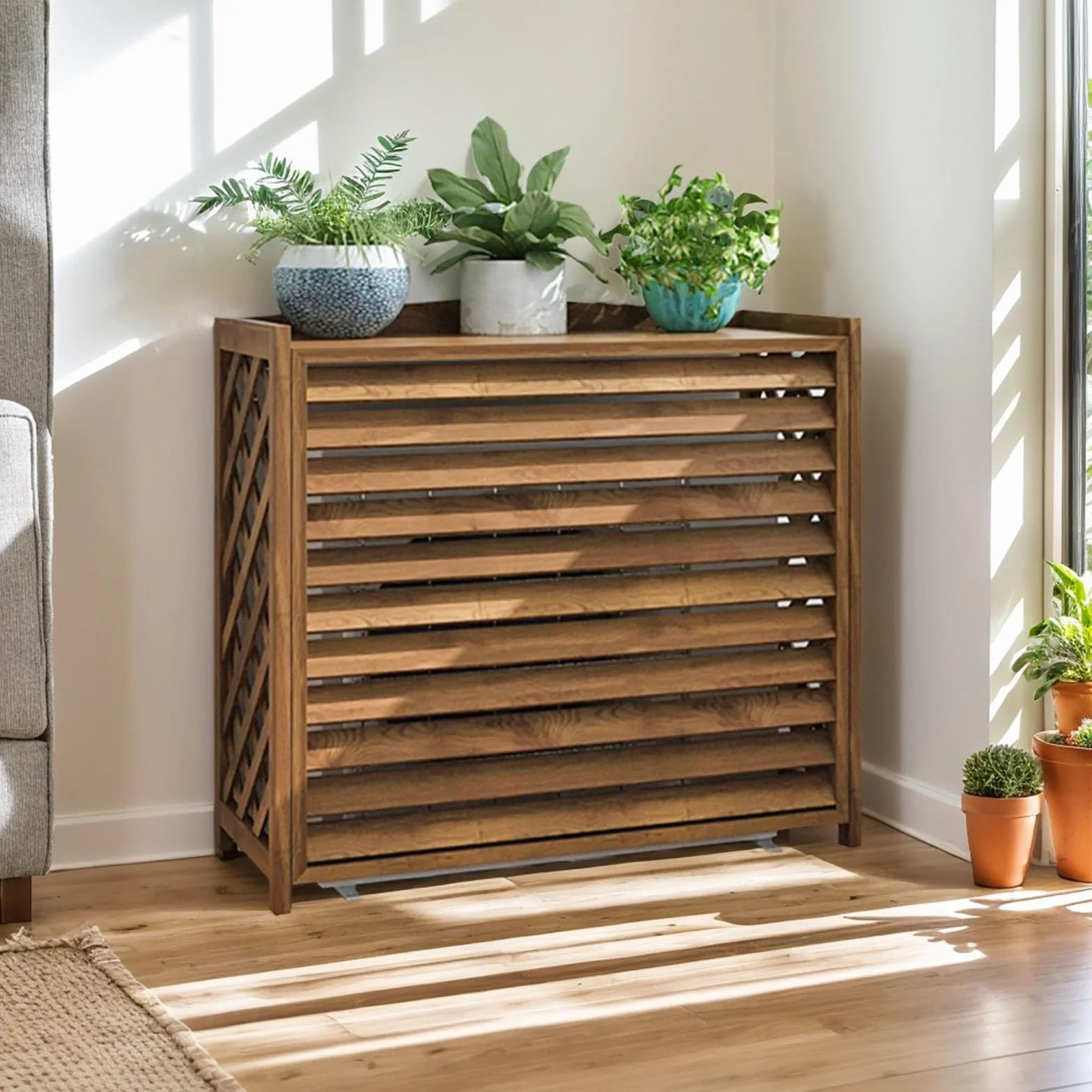 Drewniana osłona klimatyzatora zewnętrznego i pompy ciepła - ochrona jednostki do ukrycia (100x44x9)