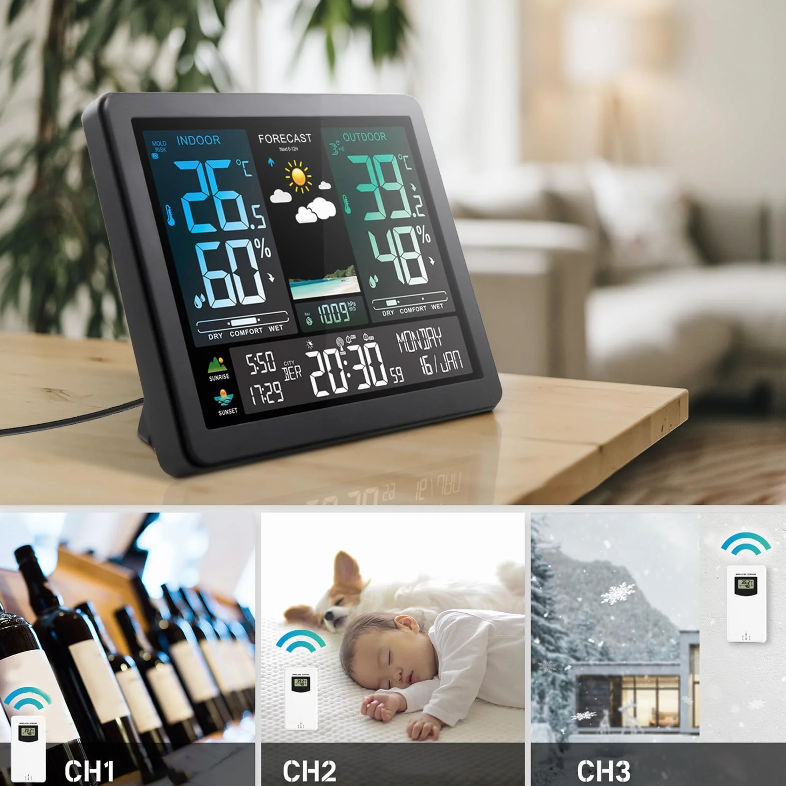 Bezprzewodowa stacja pogodowa Kolor Dift Digital indoor zewnętrzny wilgotność temperatury na zewnątrz Monitor Faza Księżyca Prognoza pogody Cukier alarmowy dla domowego biura