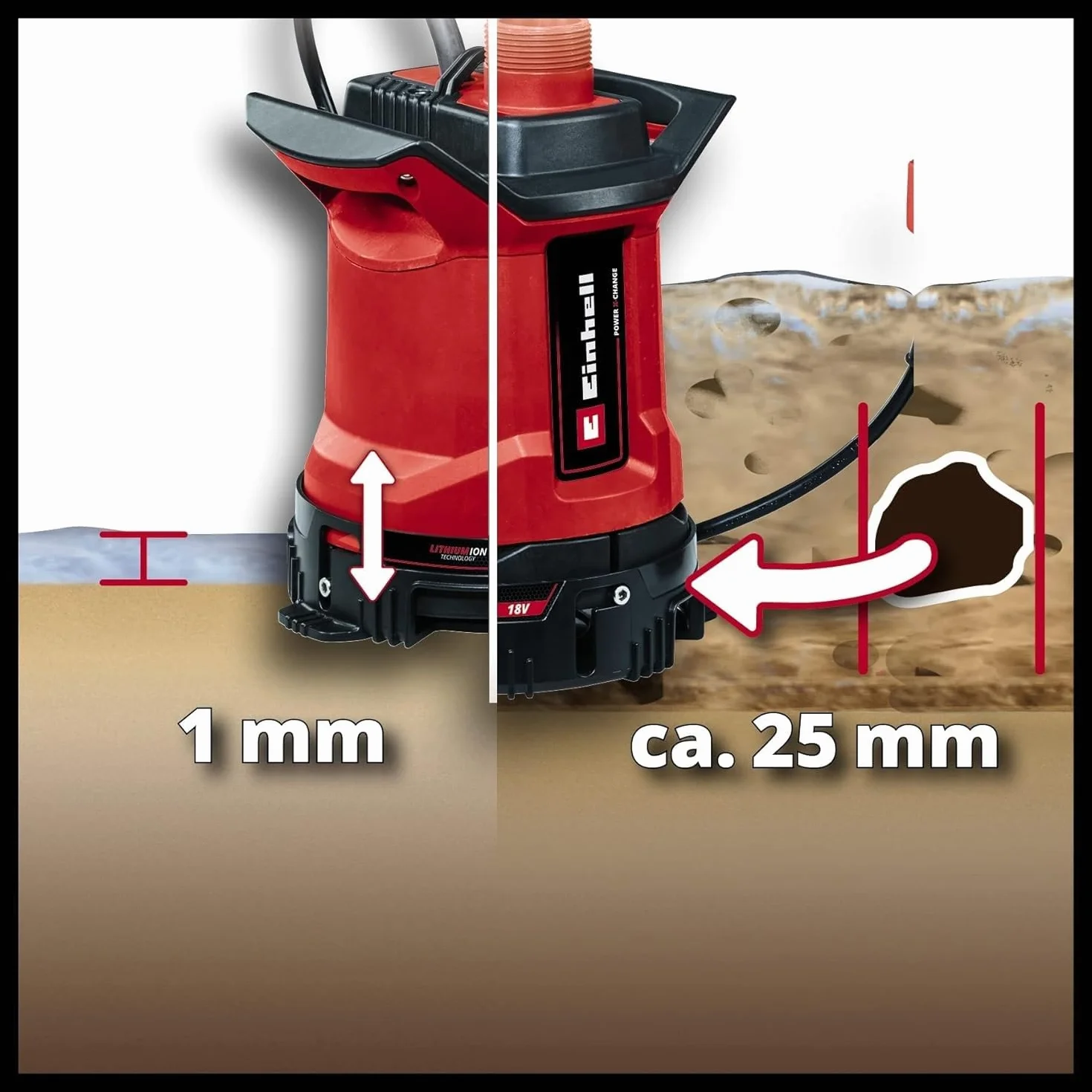 Einhell Akumulatorowa pompa do wody brudnej GE-DP 18/25 LL Li-Solo Power X-Change (18 V, wydajność przepływu 7000 l/h, płytkie zasysanie, wysokość podnoszenia 5 m, tryb ECO i BOOST, bez akumulatora)