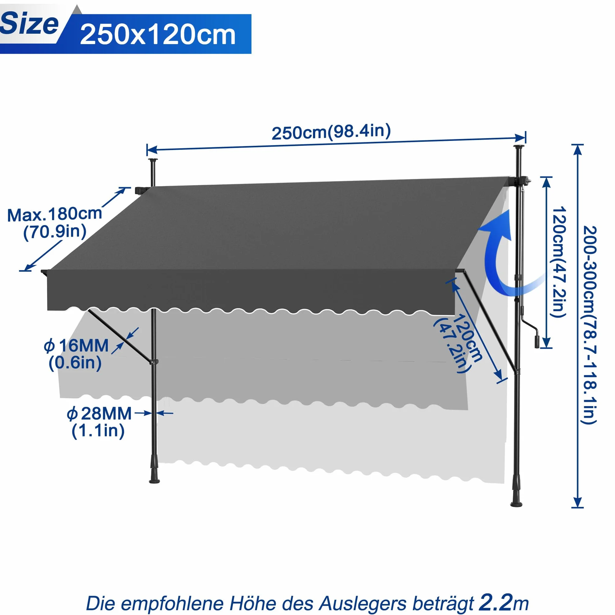 UISEBRT Namiot przeciwsłoneczny z korbą, 250 x 120 cm, regulowany, bez wiercenia, ochrona przed promieniowaniem UV, do okien, tarasów, balkonów lub ogrodów, ciemnoszary