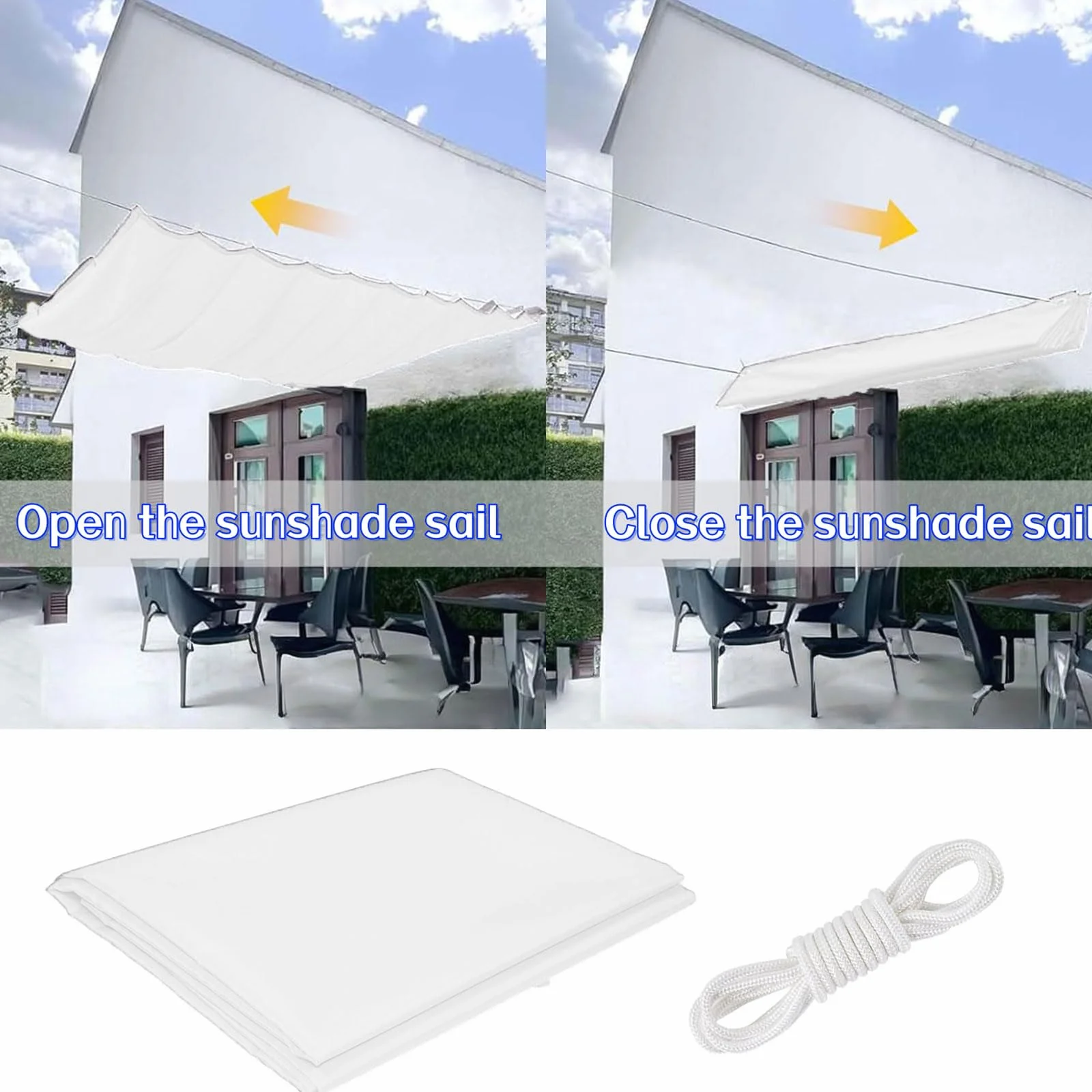 Żagiel Przeciwsłoneczny Rozwijany 170 x 600 cm Regulowany, Wodoodporny, Blokujący Promieniowanie UV Żagiel Ogrodowy, Zadaszenie Tarasu Linką I Przelotkami Do Ogrodu, Biały