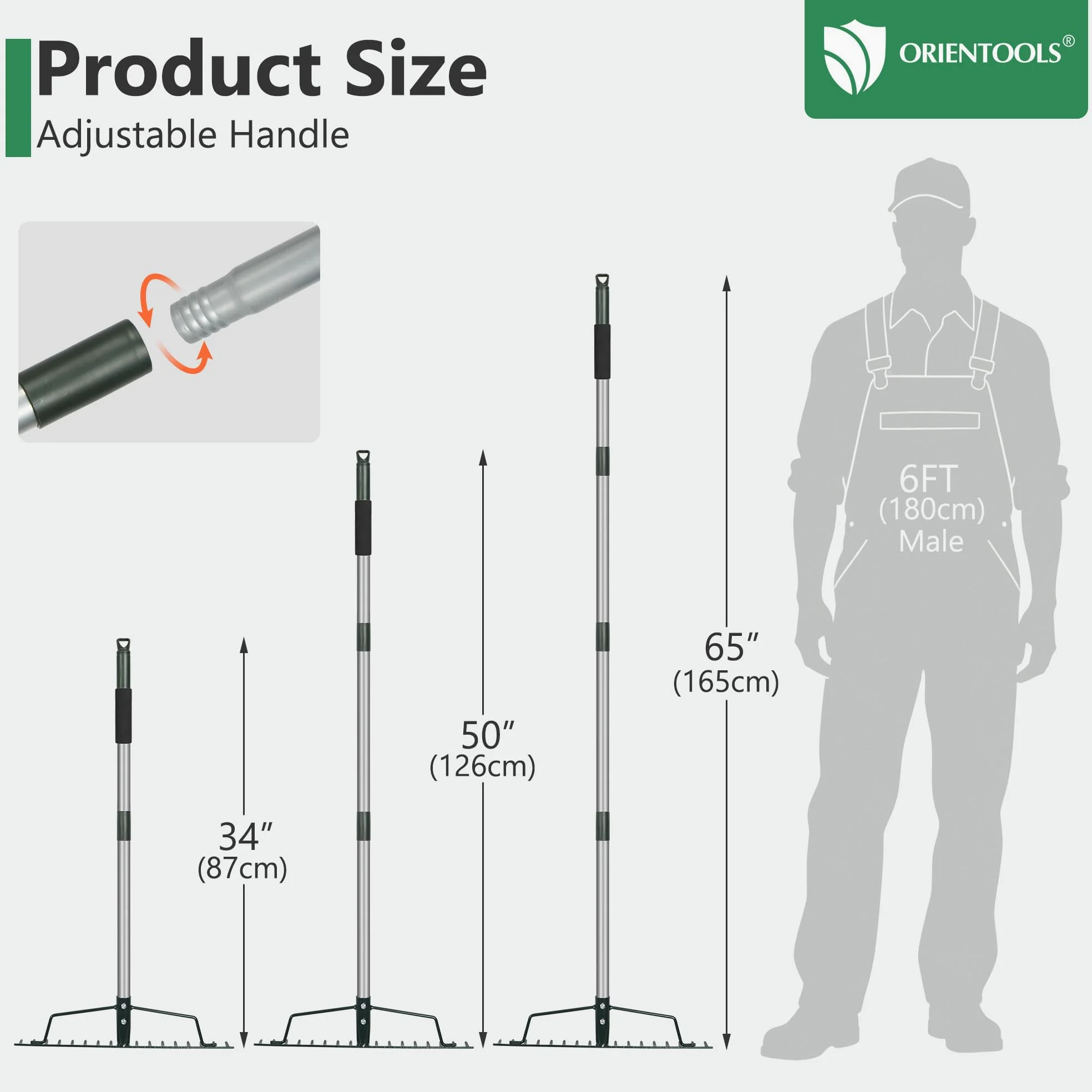 ORIENTOOLS Wytrzymała grabia ogrodowa, szerokość 44 cm, długi uchwyt 160 cm, 1,7 kg do spulchniania gleby, grabienia liści, sadzenia darni, pielęgnacji trawnika
