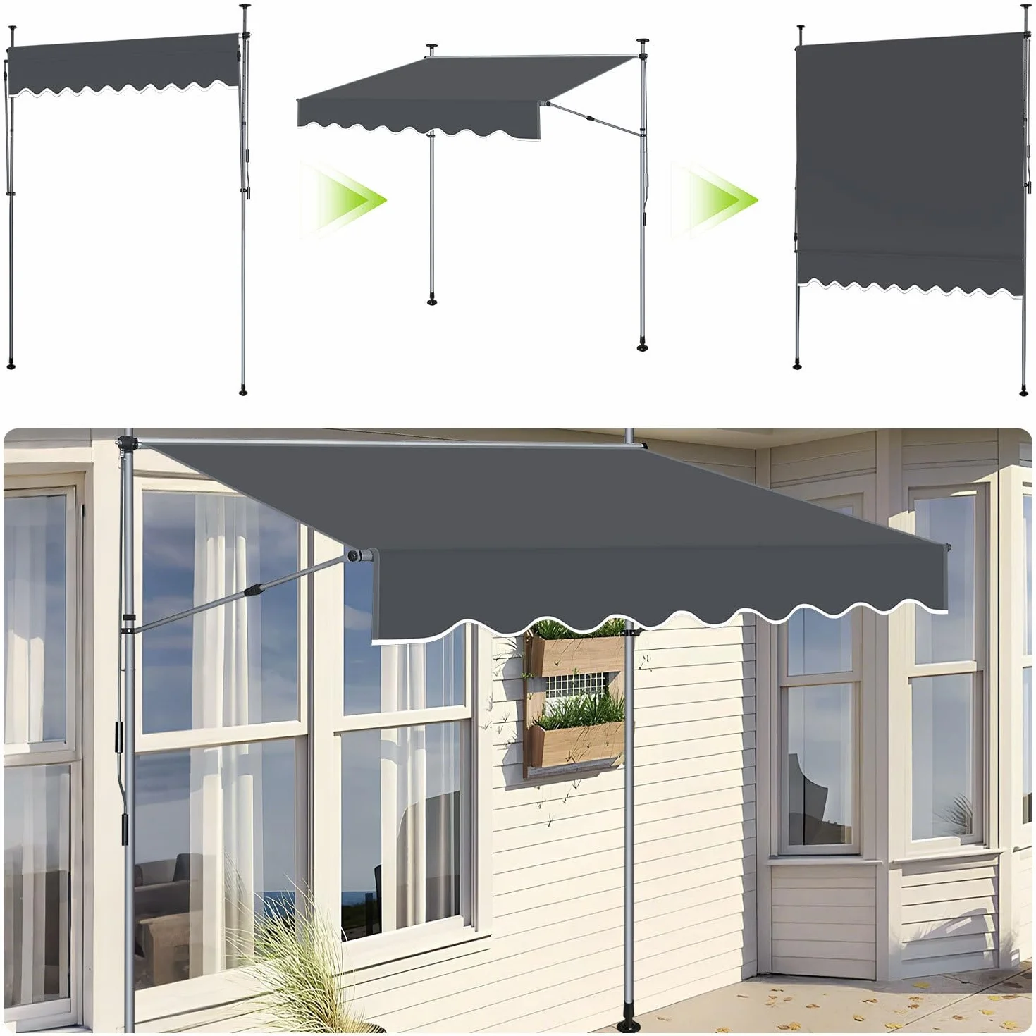 Markiza zaciskowa o szerokości 350 cm, balkonowa, bez wiercenia, regulacja wysokości 214-305 cm, ochrona przed słońcem na balkon, wysuwana do 150 cm, z poliestru 180 g/m², UV50+, antracytowa