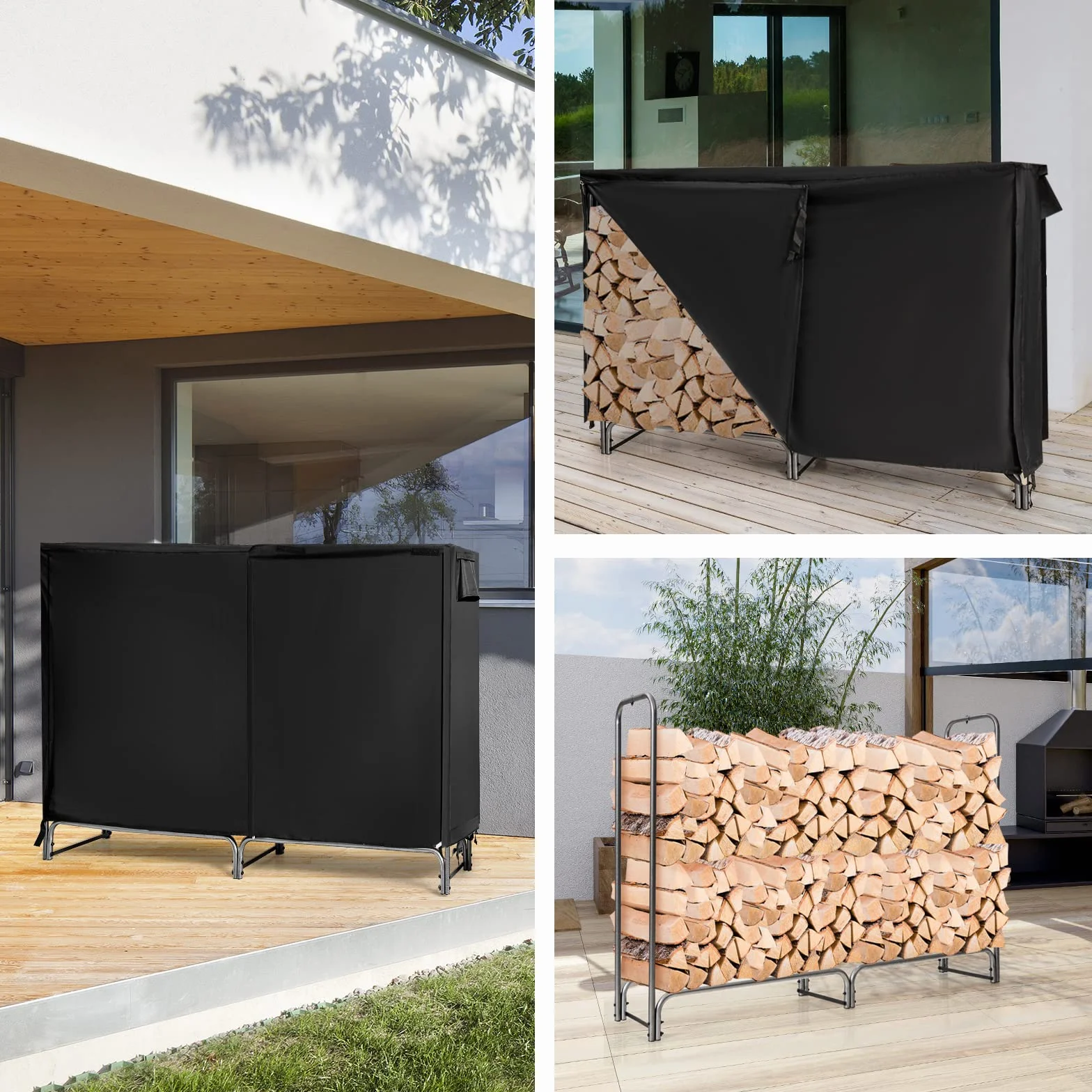 COSTWAY Metalowy regał na drewno kominkowe, 184 x 35,5 x 122,5 cm, regał na drewno opałowe z wodoodporną osłoną, stojak na drewno kominkowe, regał na drewno opałowe do użytku na zewnątrz