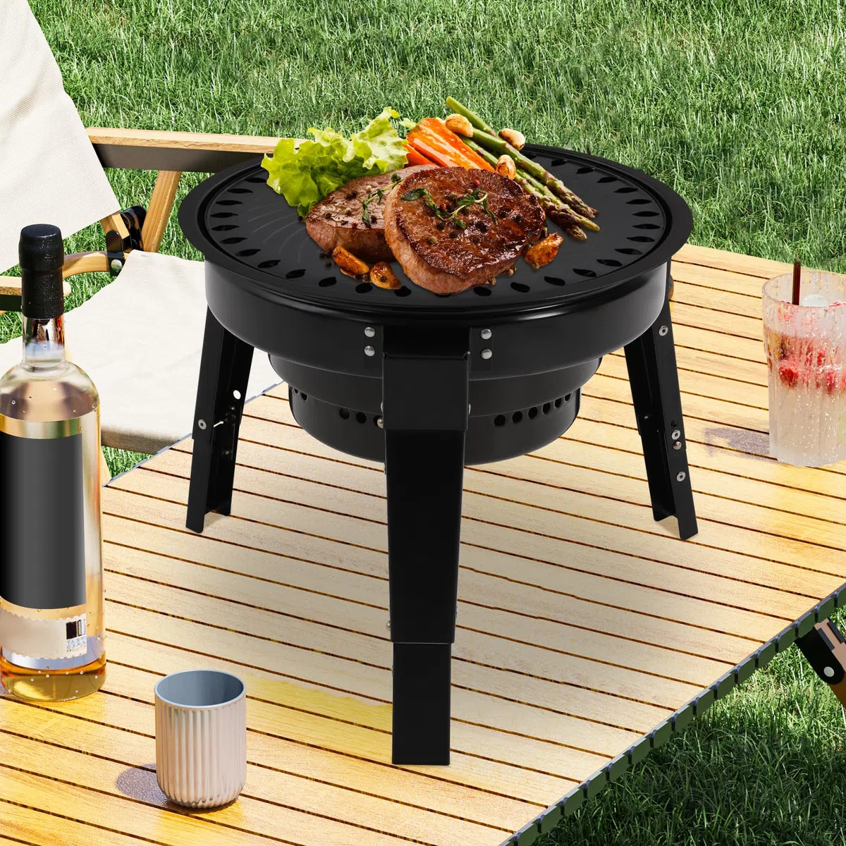 Przenośny grill na węgiel drzewny z 3 nogami, składany grill z regulacją wysokości, grill kempingowy dla 3-6 osób, z akcesoriami do grillowania i torbą do przenoszenia, do ogrodu, na piknik, imprezy