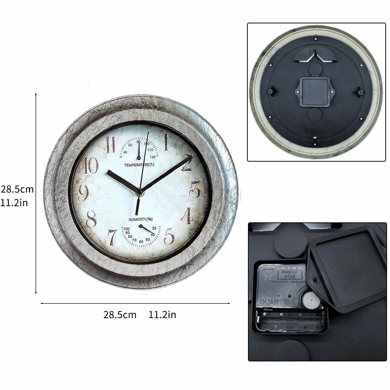 Zegar ścienny w stylu vintage, do ogrodu, 30 cm, do użytku wewnątrz i na zewnątrz, z termometrem i higrometrem, retro antyczny styl industrialny