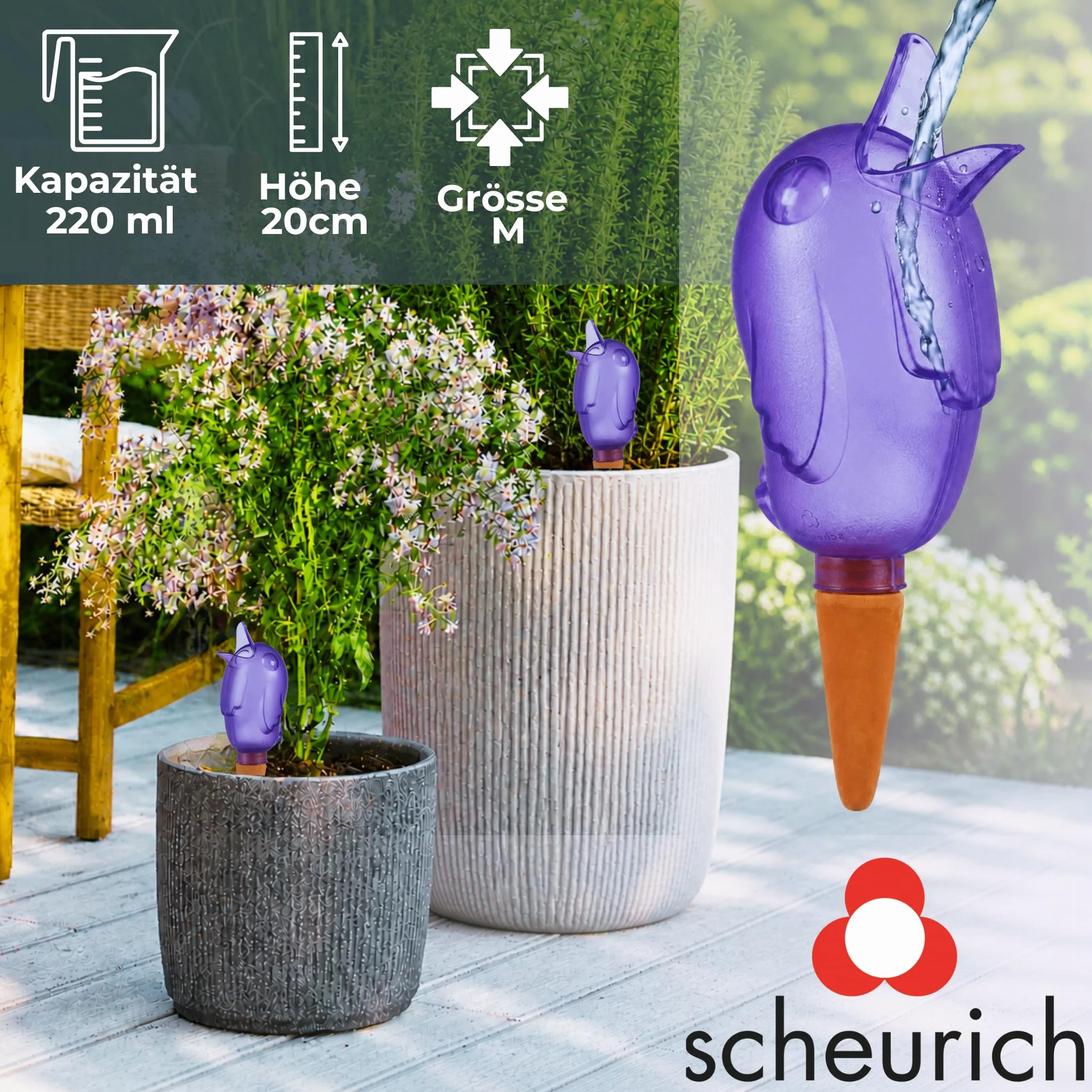 Scheurich Dozownik wody Bördy M | 12 x liliowy | pojemność 220 ml | mała kula nawadniająca z glinką | dozownik wody do roślin pokojowych i kwiatów, trzonek z terakoty