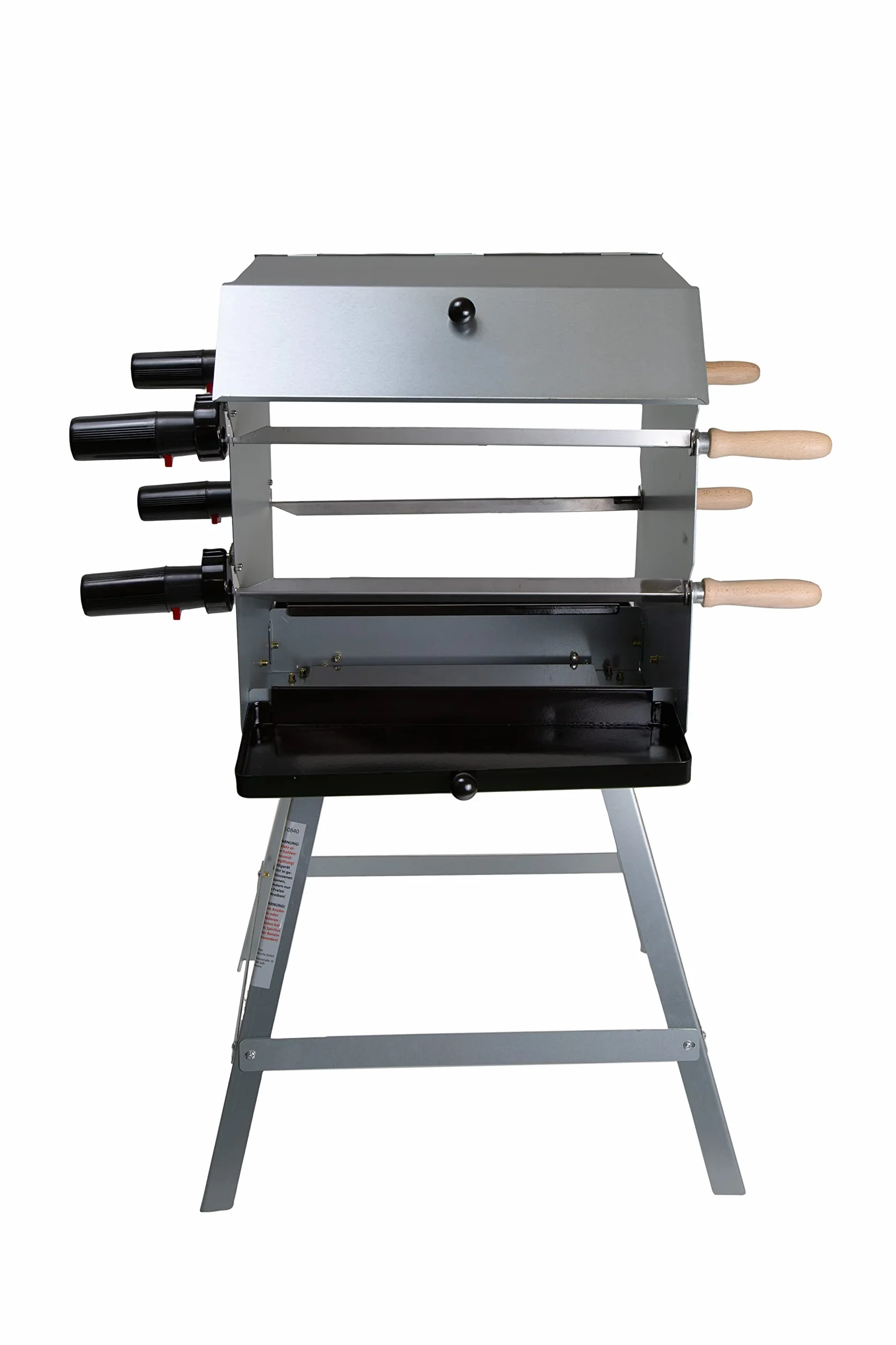 Grill do pieczenia, drewniany grill z 4 rożnami, w zestawie z silnikami zasilanymi bateryjnie, na 52 porcje, grill obrotowy, grill mango. Wymiary po zmontowaniu: (wys.) 86 cm x (gł.) 53 cm x (wys.) 52 cm