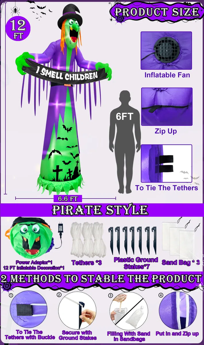 TURNMEON Ogromne nadmuchiwane przedmioty na Halloween, dekoracje na zewnątrz, straszna czarownica trzyma zapach dzieci, baner LED do wysadzania podwórka, dekoracja na Halloween, ogród, trawnik,