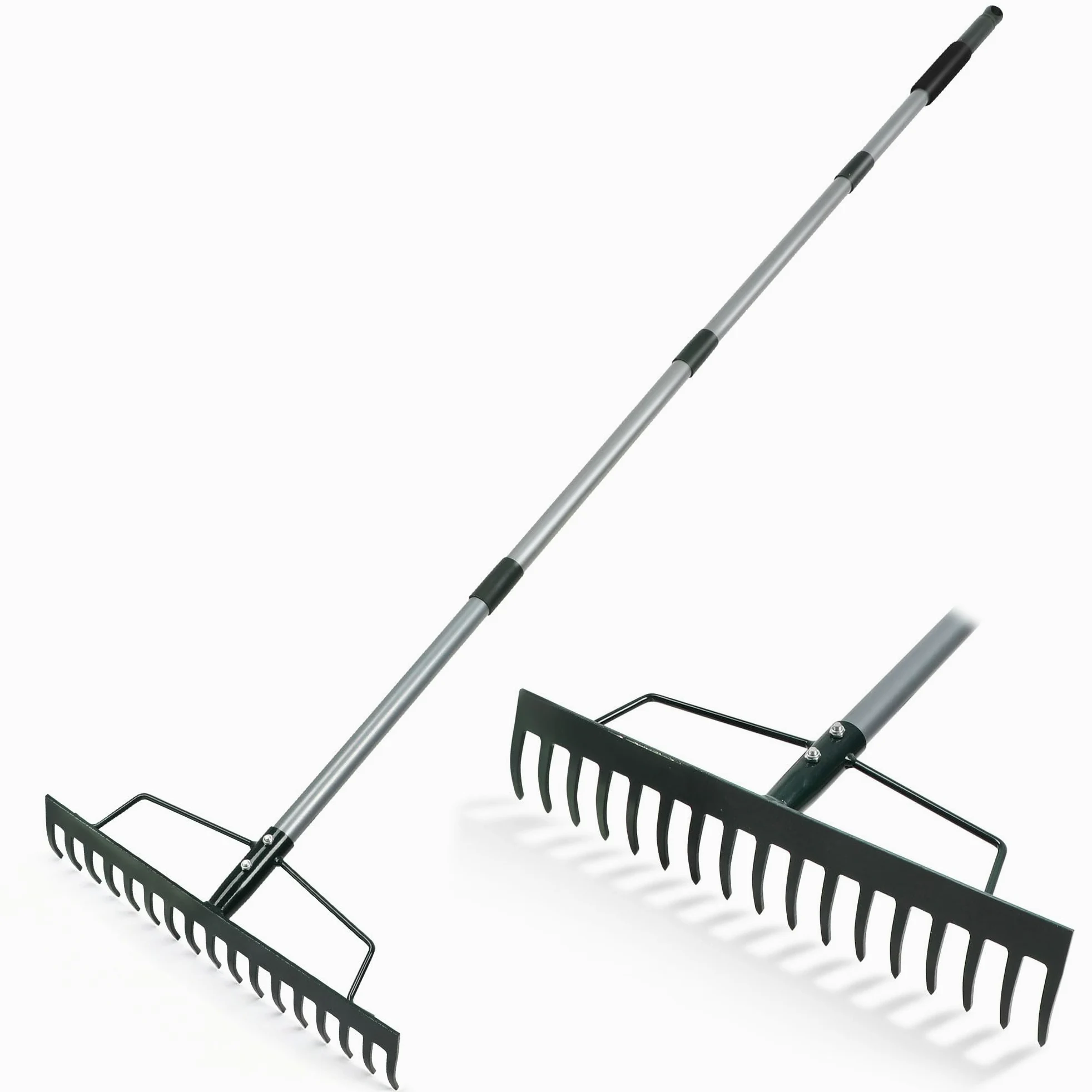ORIENTOOLS Wytrzymała grabia ogrodowa, szerokość 44 cm, długi uchwyt 160 cm, 1,7 kg do spulchniania gleby, grabienia liści, sadzenia darni, pielęgnacji trawnika