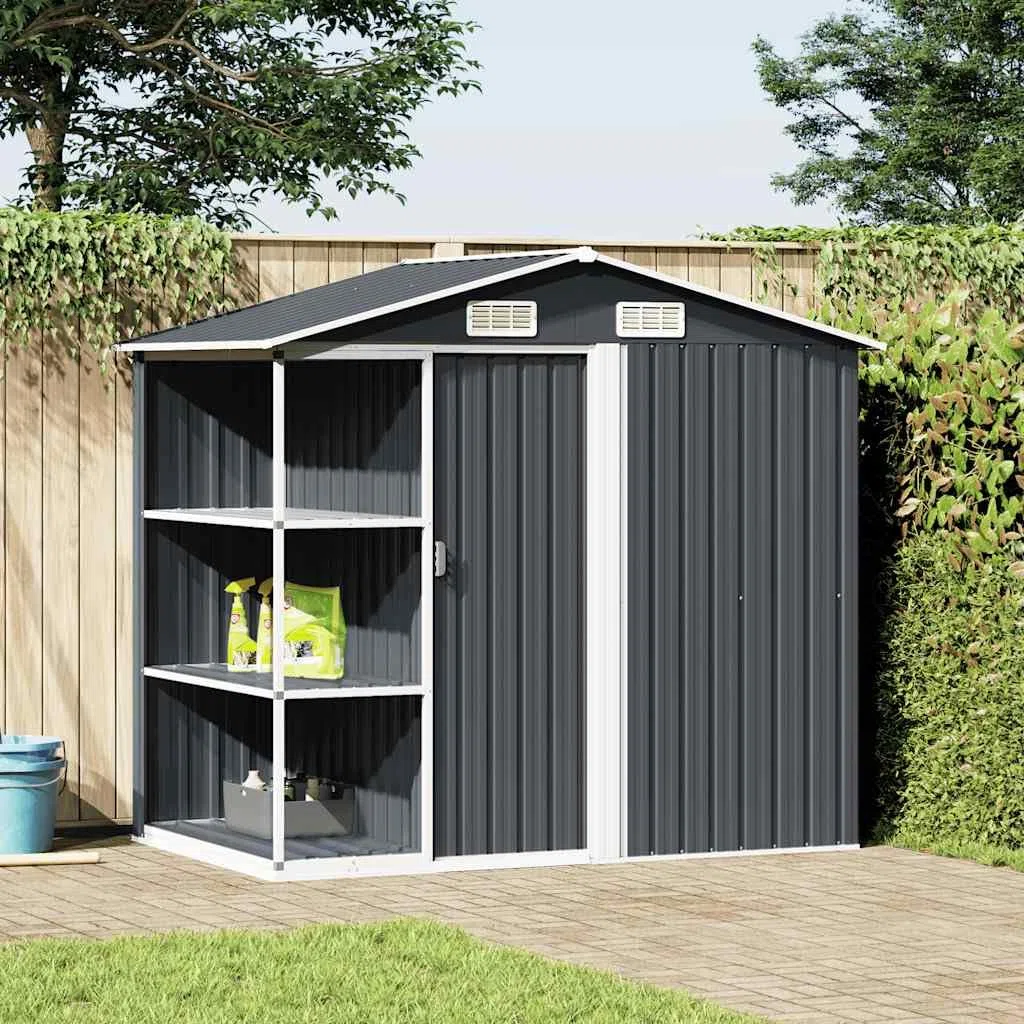 Domek ogrodowy z regałem, antracyt, 205 x 130 x 183 cm, żelazny domek ogrodowy ze stelażem do przechowywania urządzeń ogrodowych i przedmiotów gospodarstwa domowego, wytrzymały regał stalowy do