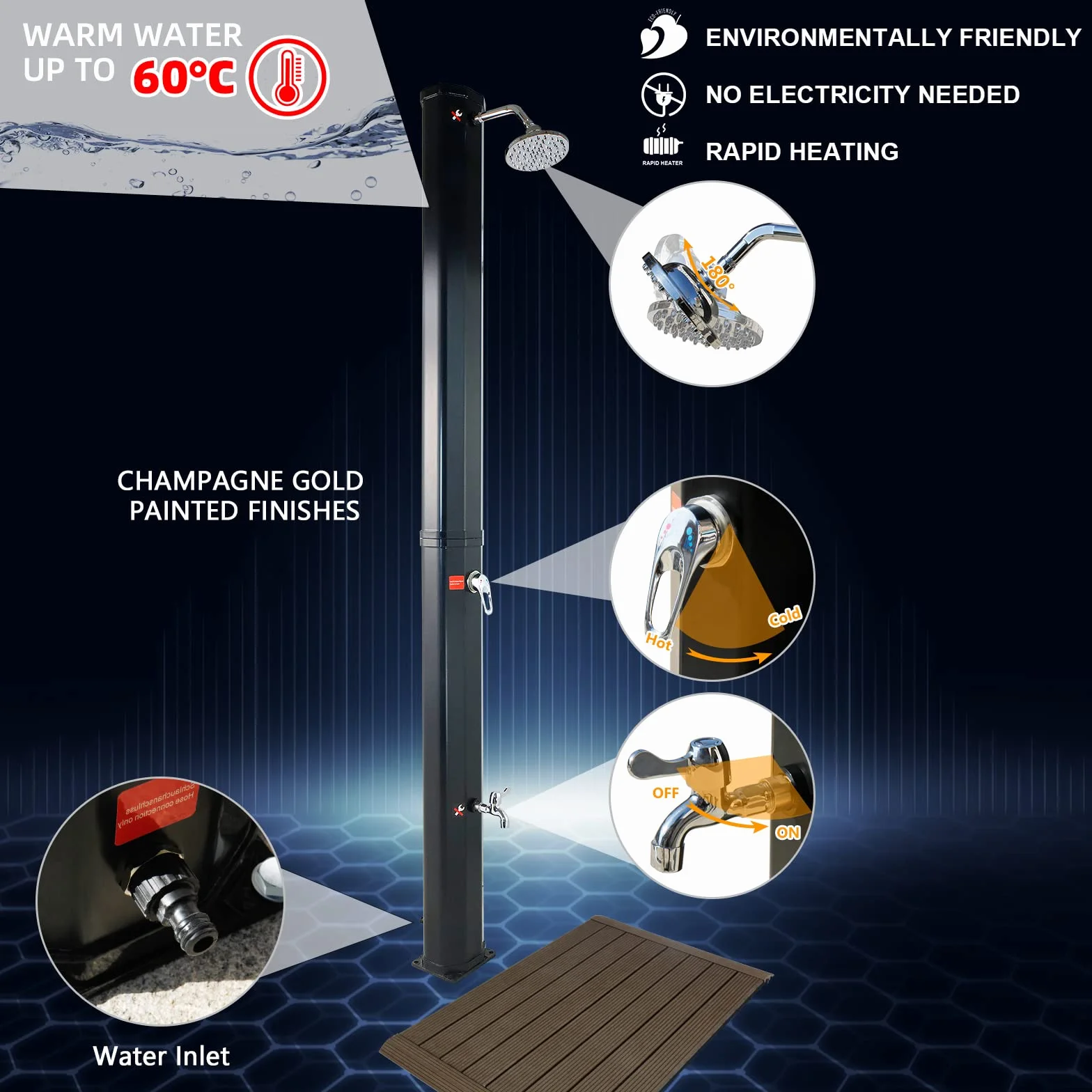 CCLIFE Prysznic słoneczny 35/40L Prysznic ogrodowy Prysznic basenowy Prysznic deszczowy Prysznic na zewnątrz Prysznic ogrodowy Ciepła woda. Color:40L-Czarny z deską