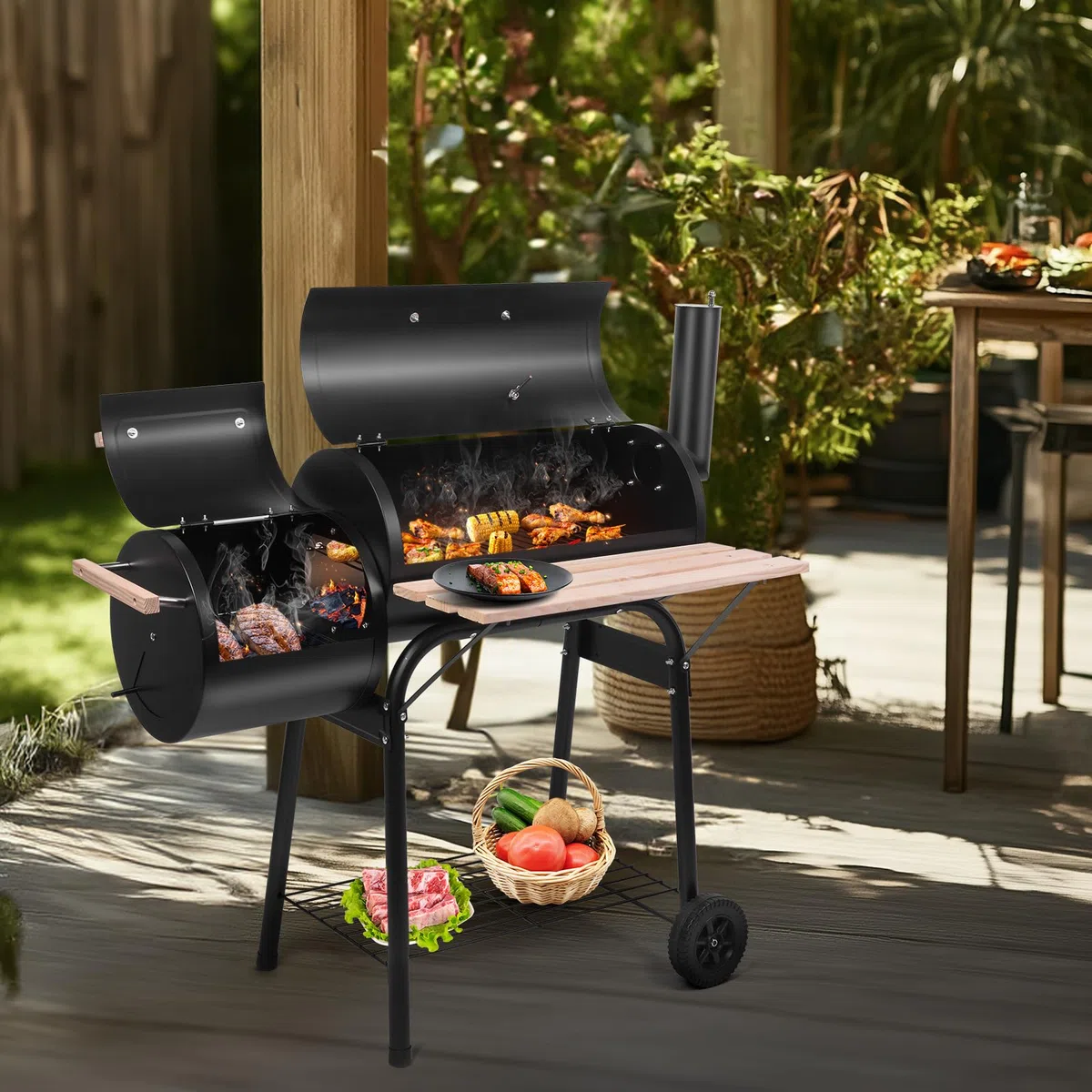 Outvita Grill na węgiel drzewny, na zewnątrz, patio, grill z palnikiem offsetowym, kółkami i tacą, na piknik balkonowy, imprezę i kemping