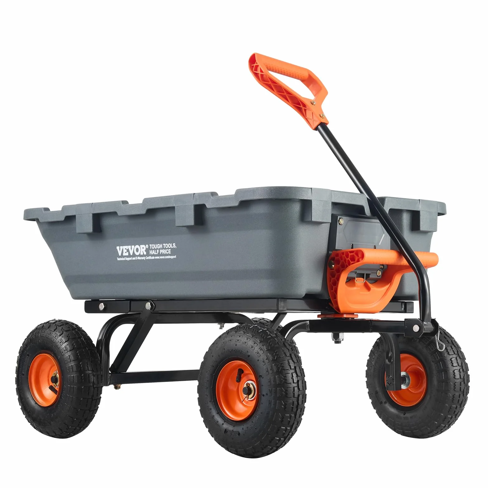 VEVOR Wózek ogrodowy 362.9 kg Poly Dump, wytrzymały wózek wywrotkowy, 4-kołowa taczka z oponami 25 cm, uchwyt obrotowy 180°, stalowa rama i system szybkiego zwalniania