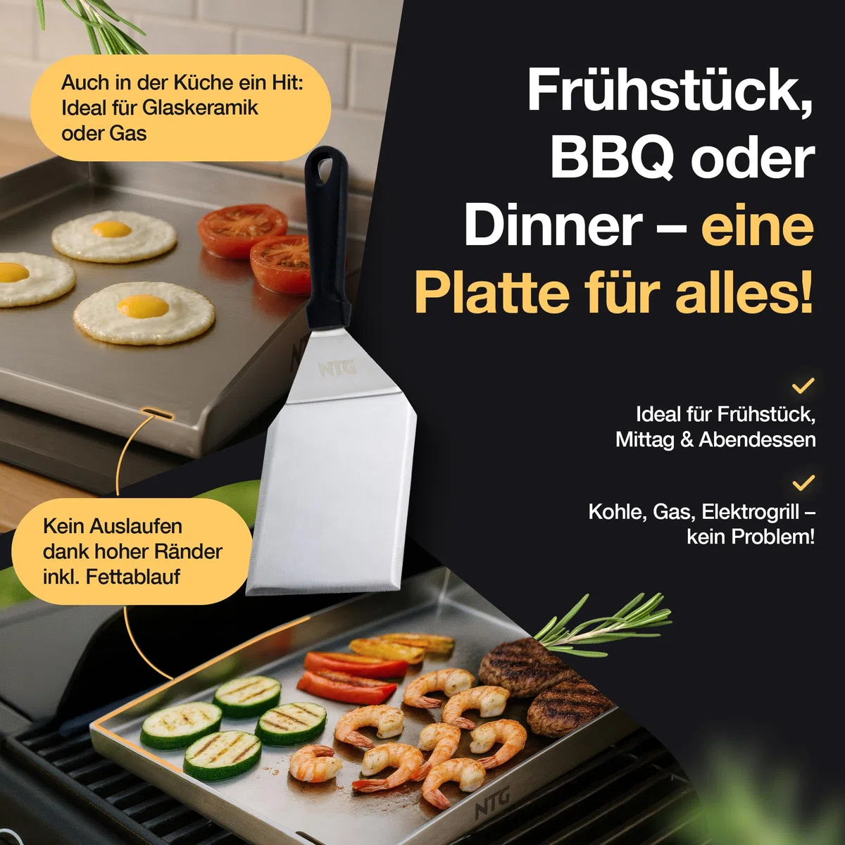 NTG - Płyta grillowa ze stali nierdzewnej 4 mm [40 x 30 cm] – Plancha z odpływem tłuszczu i szpachelką do grilla – do grilla gazowego i węglowego – odporne na odkształcenia akcesoria do grilla