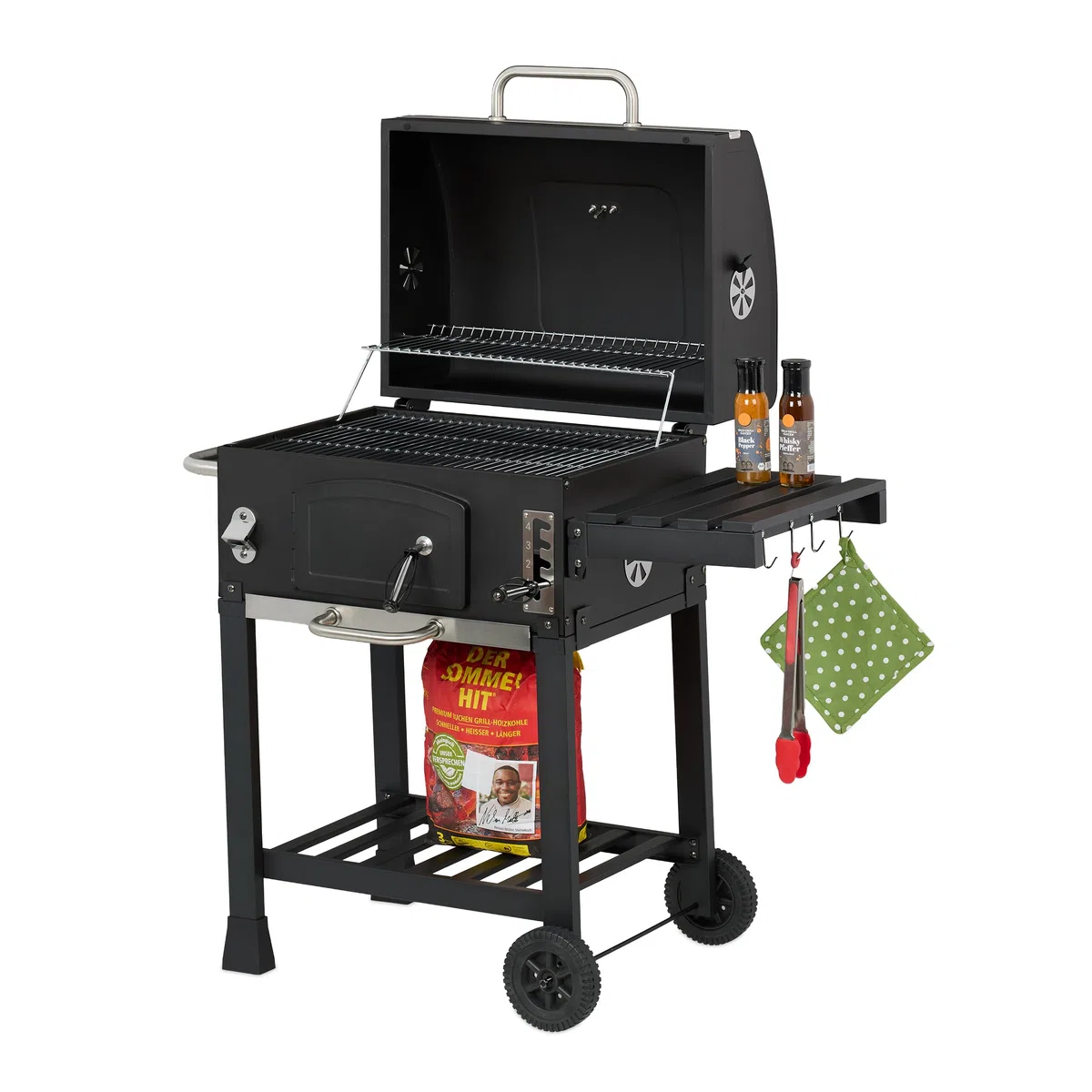 Relaxdays Grill na węgiel drzewny, grill na kółkach, z pokrywą, grill ogrodowy XXL, czarny/srebrny, 1 sztuka