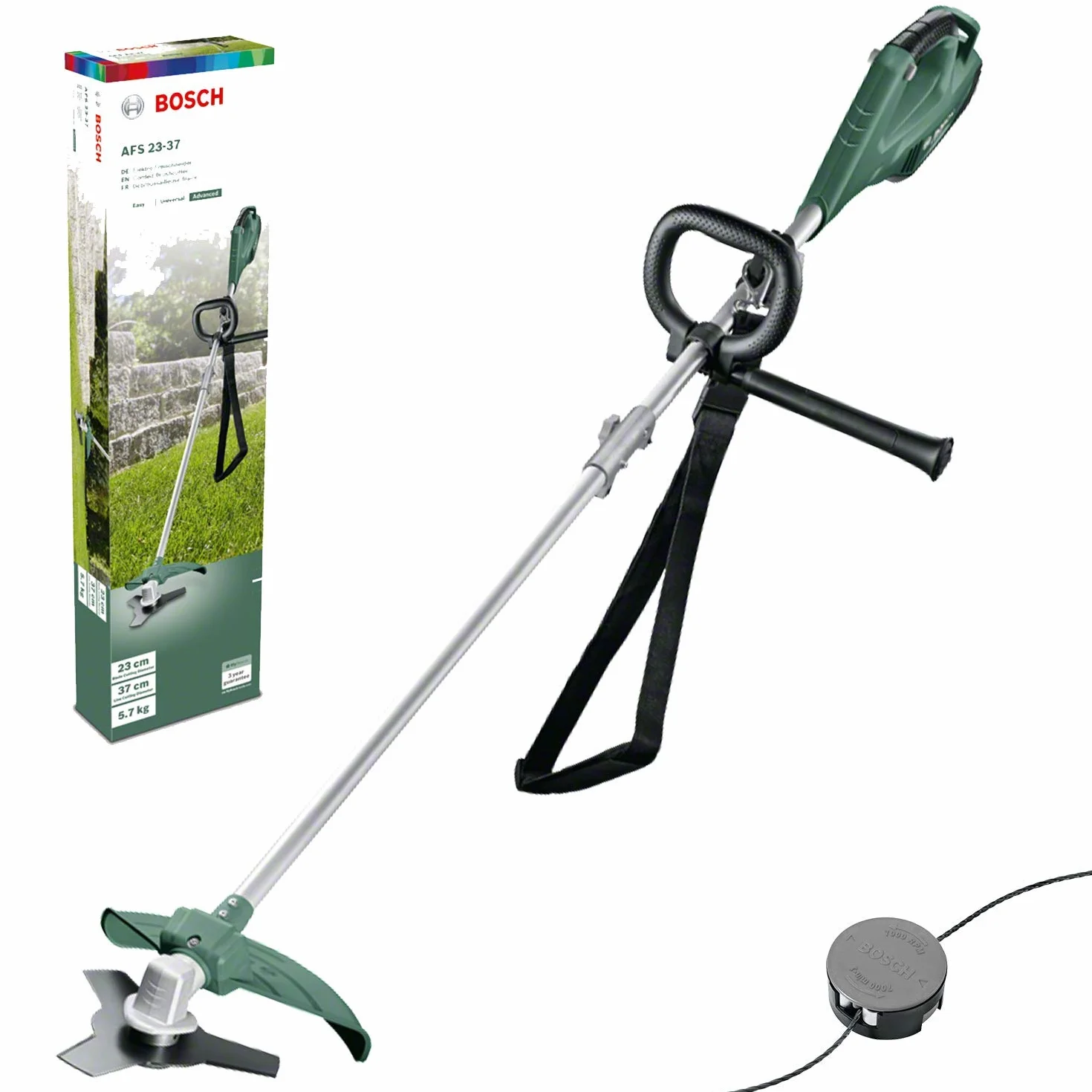 Bosch Home and Garden elektryczna kosa do zarośli AFS 23-37 (950 W, średnica cięcia Ø: 23 cm (ostrze), 37 cm (gwint), gwint Ø: 3,5 mm, w opakowaniu)