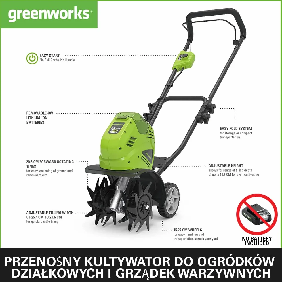 Greenworks G40TL Akumulatorowy Kultywator, Glebogryzarka z Przednimi Zębami, Szerokość Pracy 25 cm, Głębokość Pracy 13 cm BEZ Akumulatora 40V i Ładowarki, 3 Lata Gwarancji