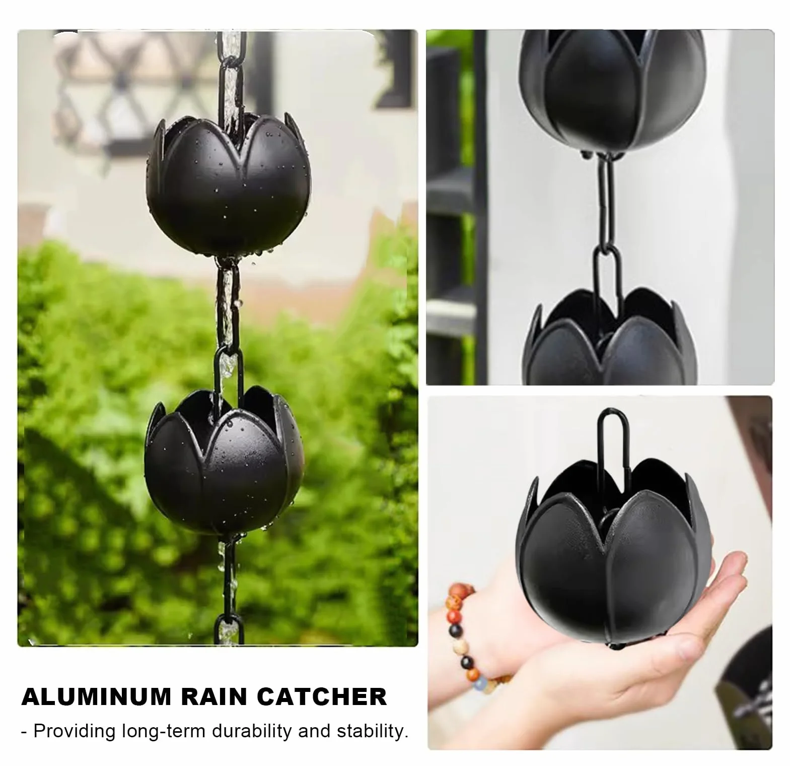 Łańcuchy deszczowe do rynien, łapacze deszczu, zewnętrzne łańcuchy deszczowe, łańcuch łapacza deszczu Lotus, aluminiowy rozdzielacz wody deszczowej zastępuje rynny spustowe, czarne ozdobne łańcuchy pr