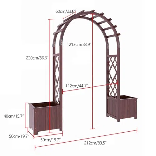 Zewnętrzny drewniany łuk ogrodowy pergola ze zintegrowanymi donicami i bocznymi skrzynkami na kwiaty, kratka o wysokości 237 cm, do pnących winorośli, idealna altana ogrodowa na róże i kwiaty