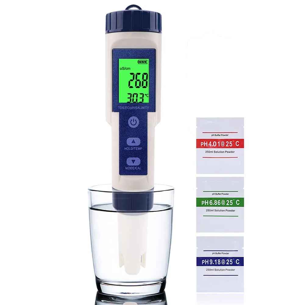 WANGCL Cyfrowy miernik pH LCD 5 w 1, wodoodporny tester jakości, tester chloru, zestaw do testowania gleby do ogrodu z automatyczną kompensacją temperatury - PH/TDS/EC/SALT/TEMP
