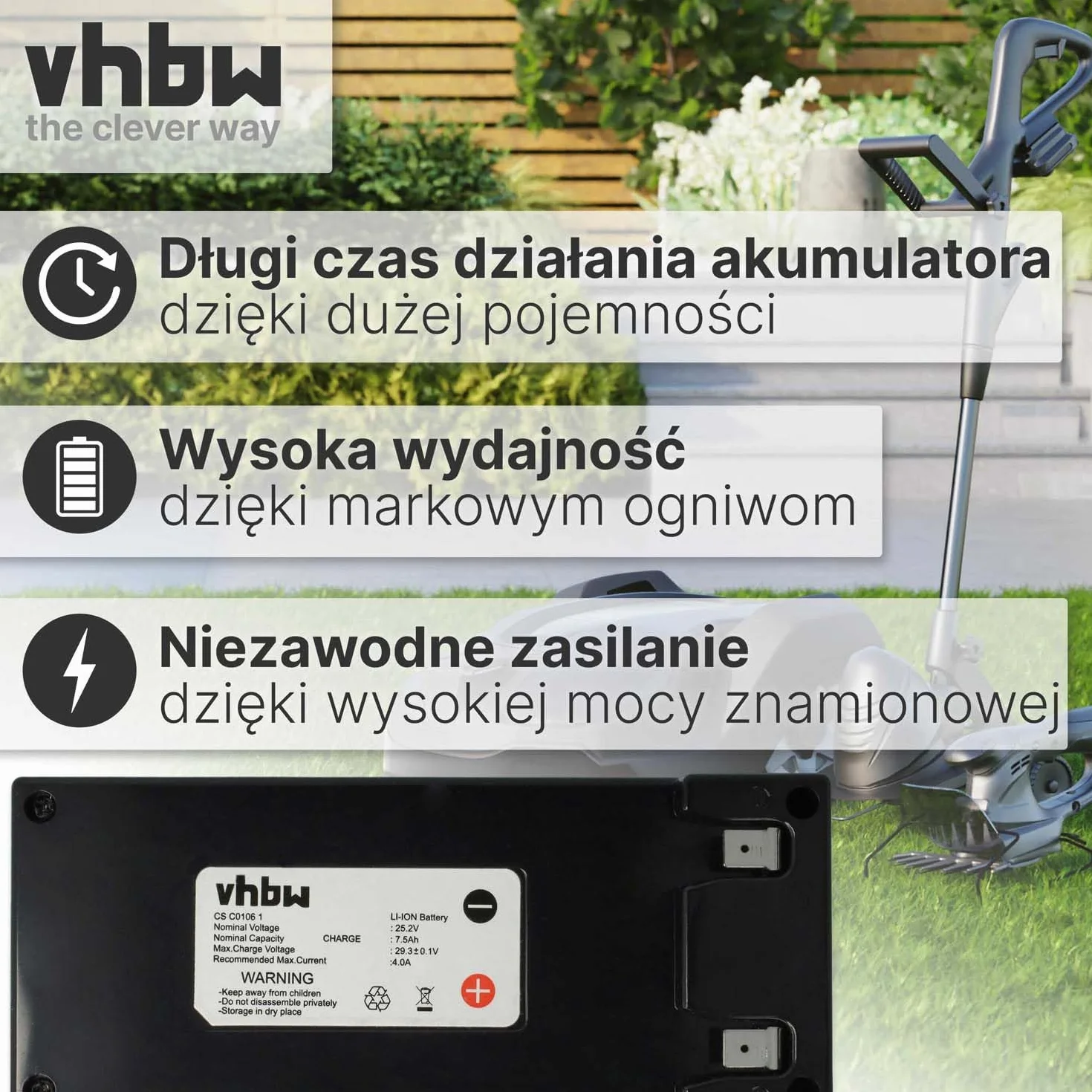 vhbw 1 x bateria kompatybilna z Ambrogio 4.0 Elite, 4.0 Basic 4WD, 4.0 Elite 4WD, 4.0 Basic (7,5 Ah, 25,2 V, Li-ION)