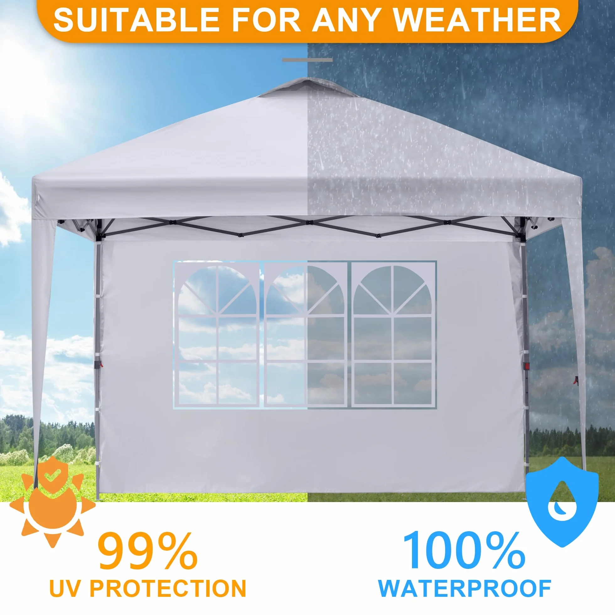 BONTEC Panel boczny namiotu 3048 mm x 1930 mm, wodoodporny i odporny na UV, z paskami velcro odpornymi na rozerwanie i półprzezroczystym oknem, odpowiedni do różnych zastosowań