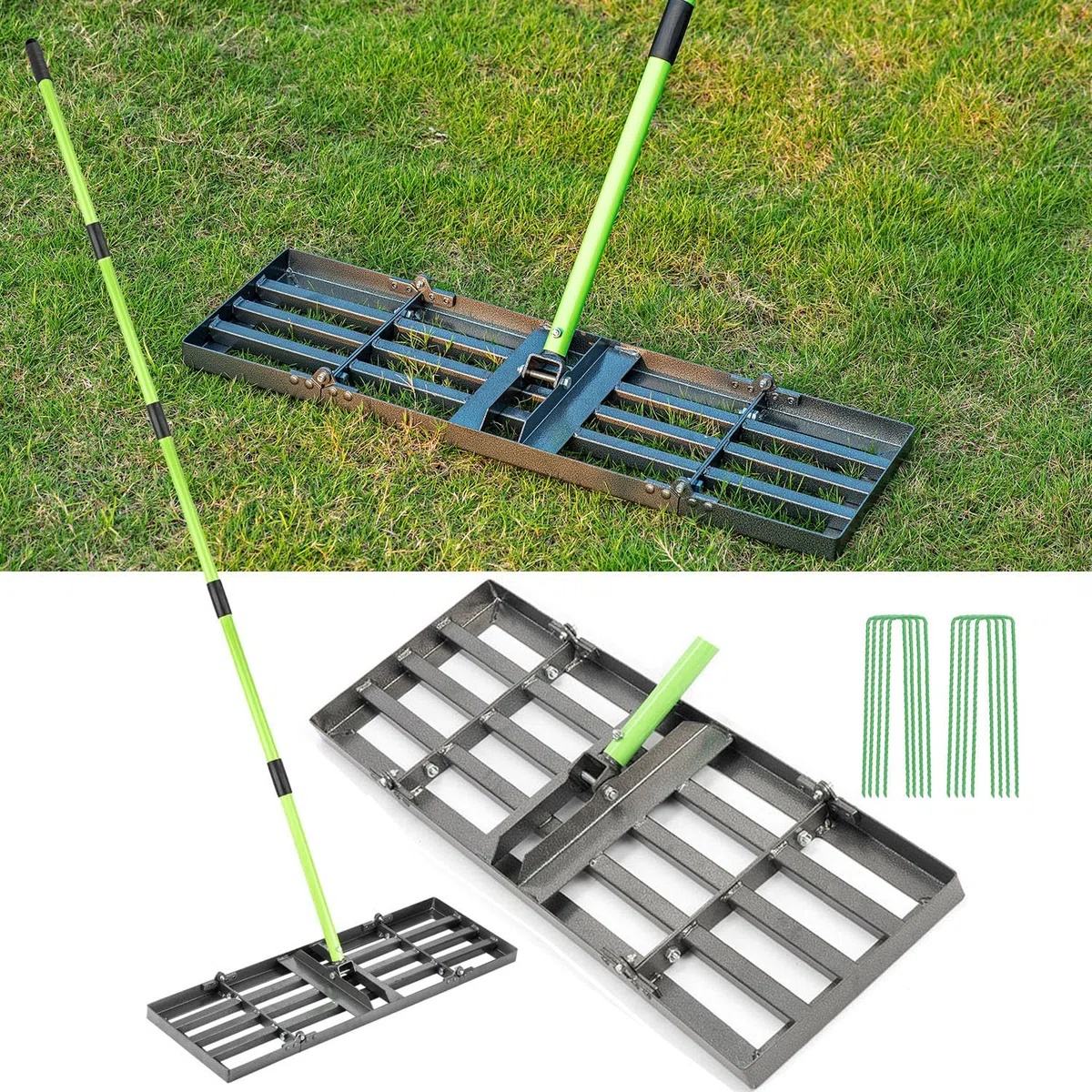 HUZSV Grabie do poziomowania trawnika 76 x 25 cm, niwelator do trawnika ze stali nierdzewnej z zielonymi słupkami pozycjonującymi, regulowany długi uchwyt, narzędzie do trawnika o dużej wytrzymałości,