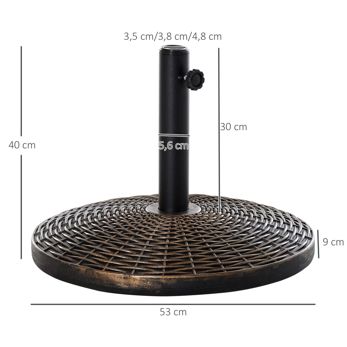 Outsunny Stojak na parasole przeciwsłoneczne, stojak na parasole 25 kg, imitacja rattanu, stojak na kosz Ø 35/Ø 38/Ø 48 mm tworzywo sztuczne + cement, antyczny brąz, Ø 53 x 40 cm