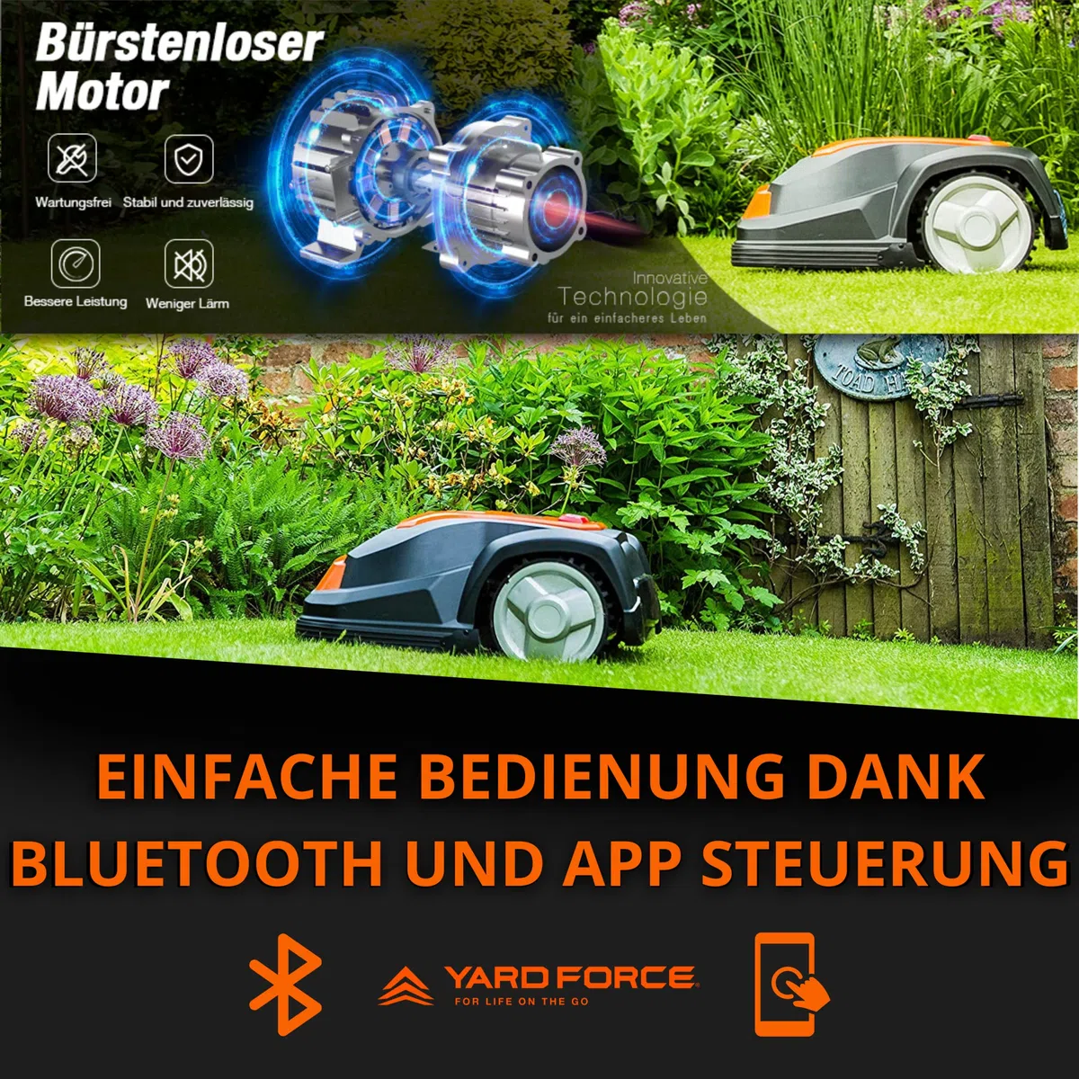 YARD FORCE Kosiarka SA650B do 650 m² – samobieżna kosiarka z funkcją Bluetooth i aplikacją, silnik bezszczotkowy, 40% nachylenia i 28 V/2,0 Ah akumulator litowo-jonowy, Czarna/pomarańczowa