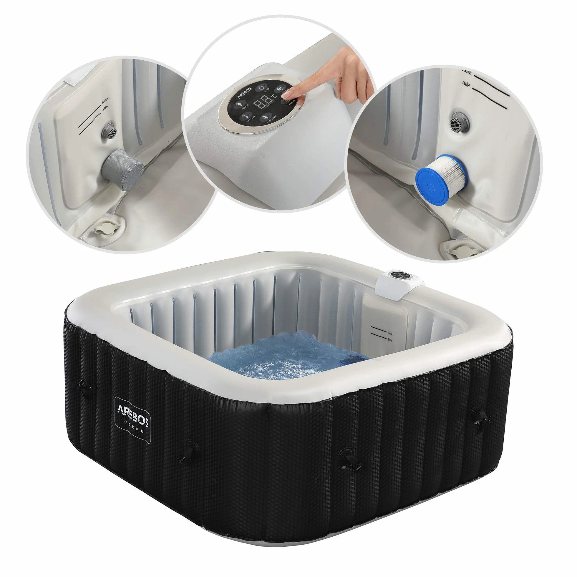 Arebos Nadmuchiwane spa z oświetleniem LED | Nadmuchiwane | do wnętrz i na zewnątrz | 154x154cm | 4 osoby | 130 dysz masujących | z ogrzewaniem | 600 litrów | z pokrywką | Spa i dobre samopoczucie