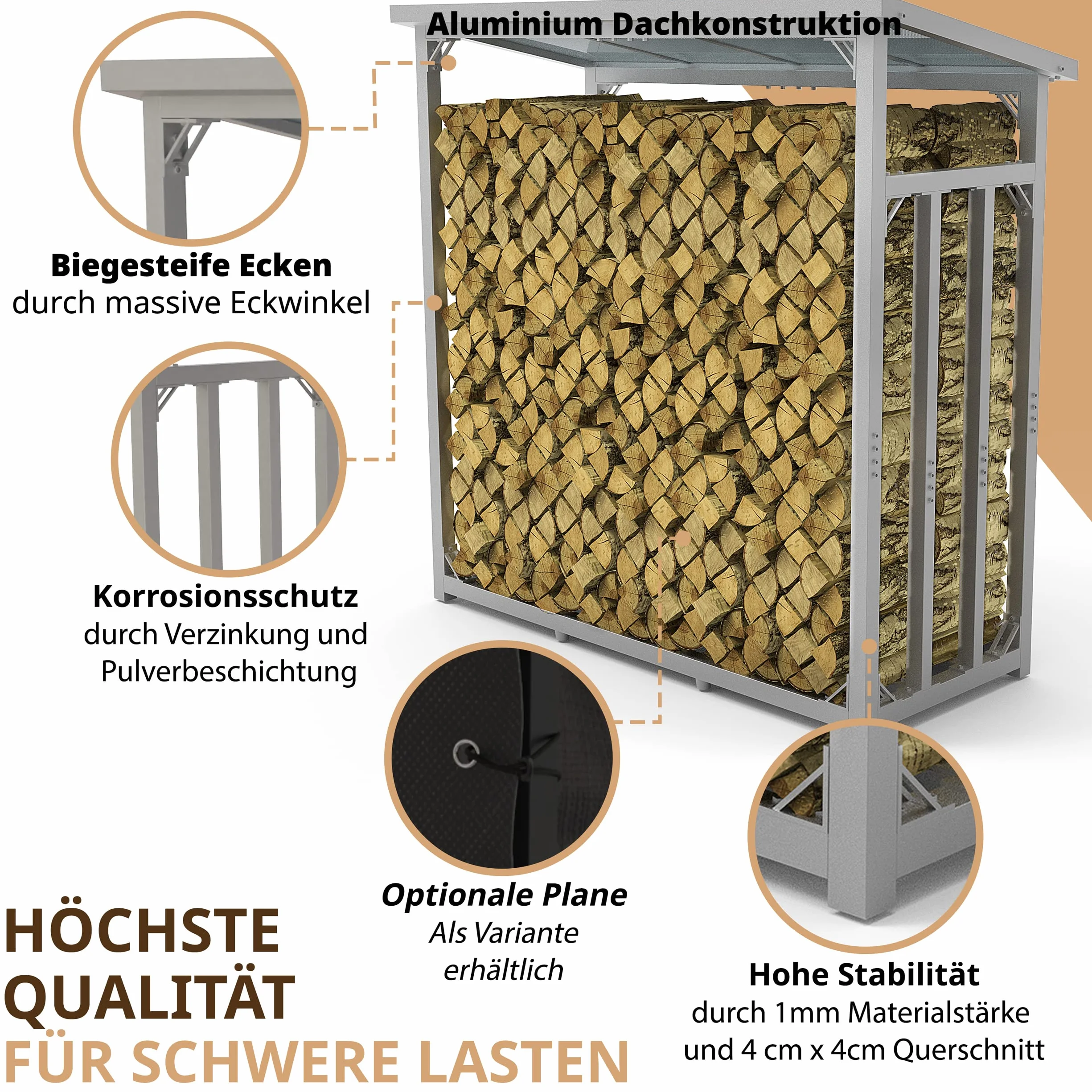 Regał na drewno opałowy metalowy ZINCED 188x70x188 3t z dachem i pokrywą