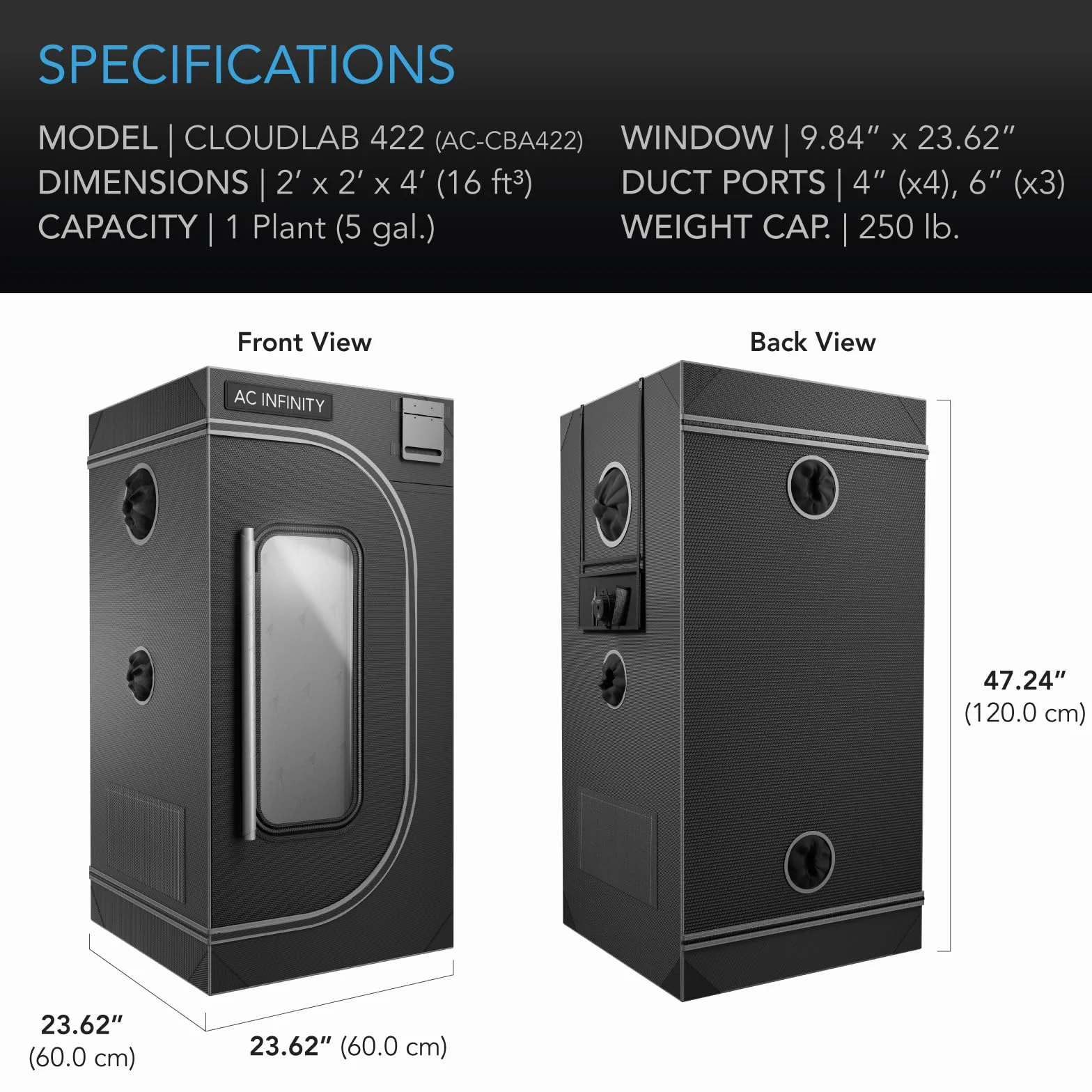 AC Infinity CLOUDLAB 422, namiot Advance Grow 2 x 2, 60 x 60 x 120 cm najgrubsze słupki 2,5 cm, płótno mylarowe 2000D, testowany laboratoryjnie najwyższy współczynnik odbicia, płyta montażowa do okna