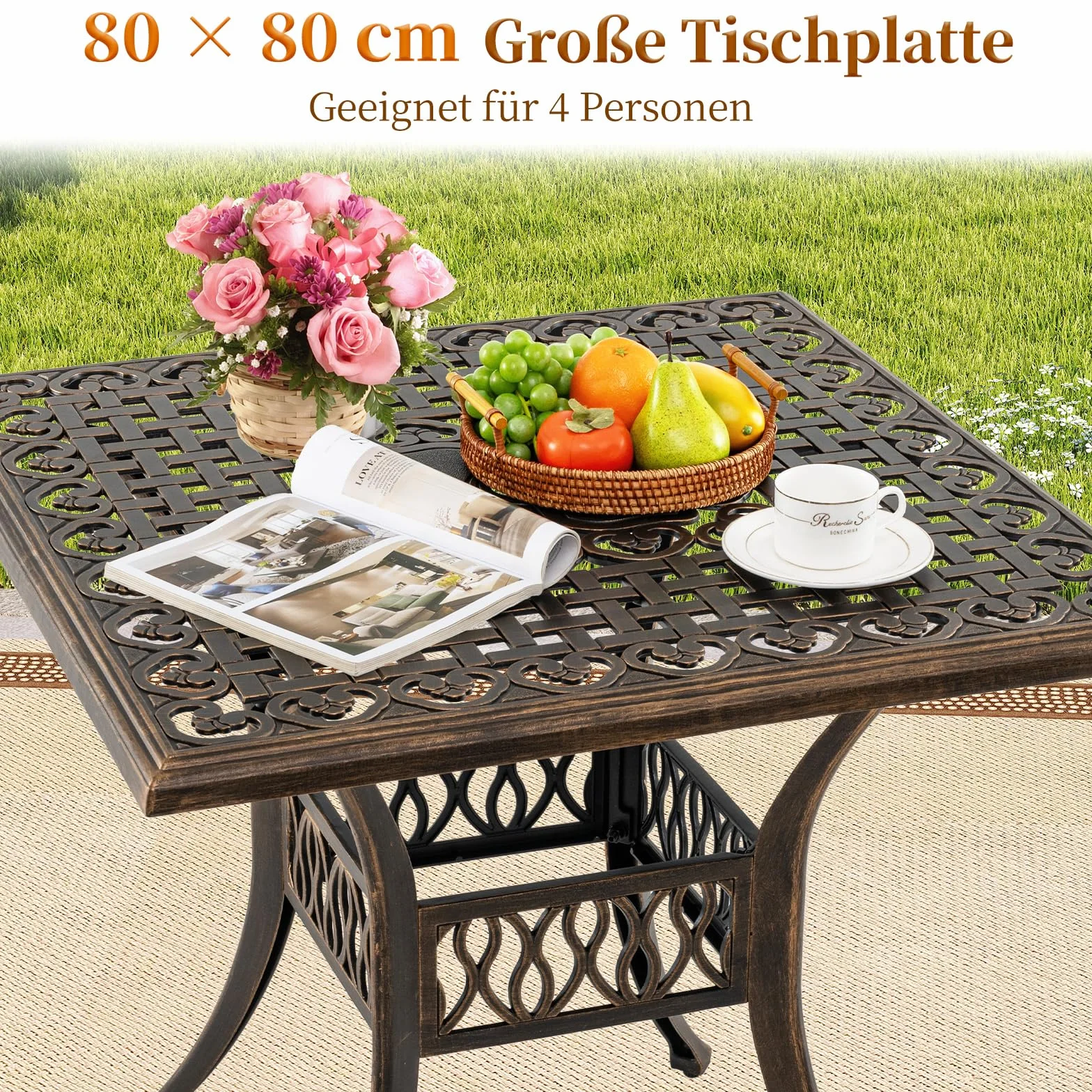 COSTWAY Stół ogrodowy z otworem na parasol, 80 x 80 x 75 cm, kwadratowy stół balkonowy z odlewu aluminiowego, odporny na warunki atmosferyczne, stół tarasowy dla 4 osób, stół do jadalni na zewnątrz do