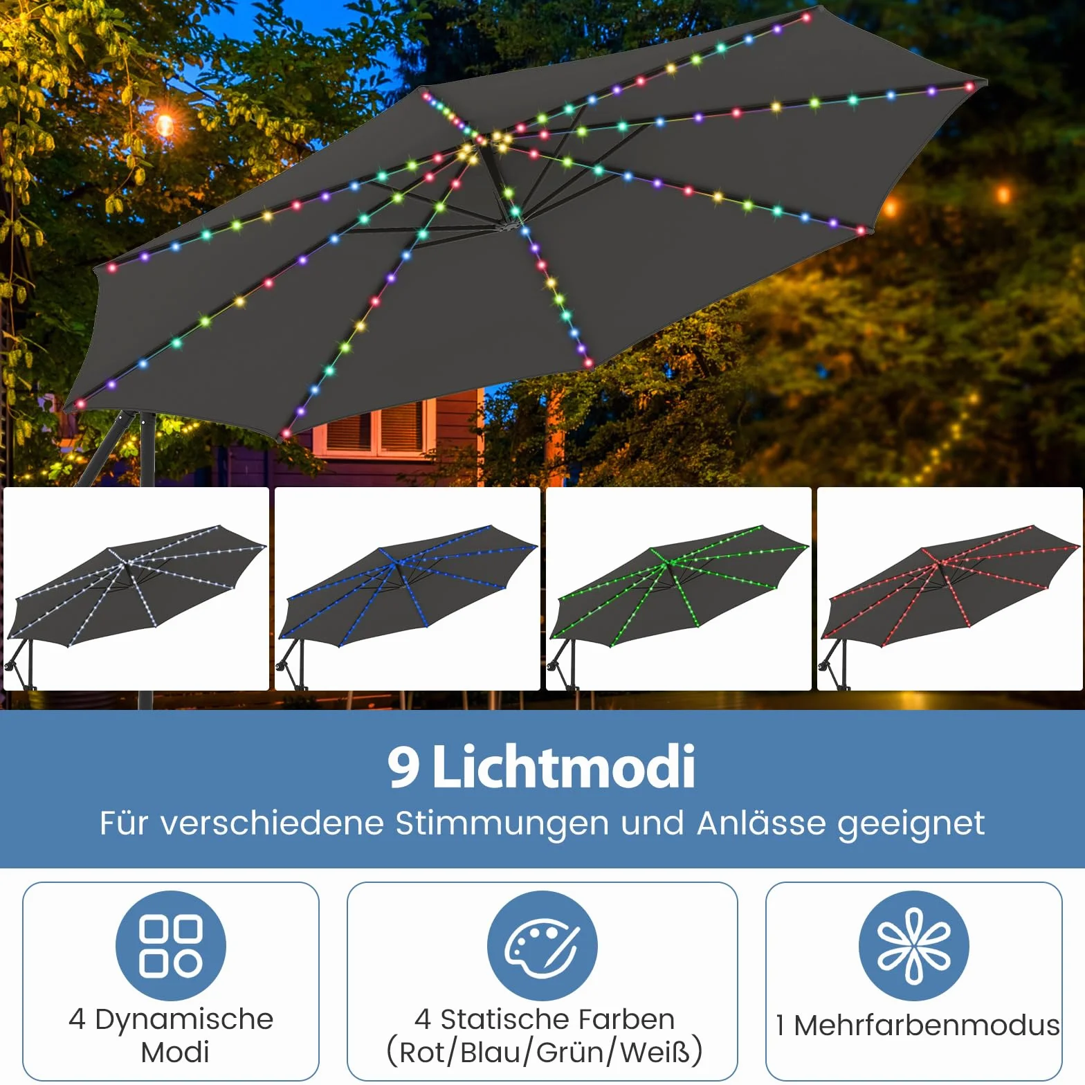 COSTWAY Parasol przeciwsłoneczny z oświetleniem LED 300 cm 9 trybów regulowany kąt nachylenia obracany 360°