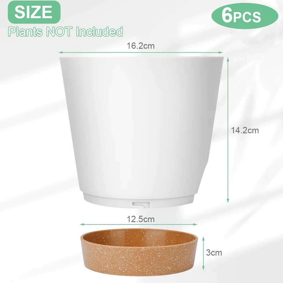 OFFCUP Doniczka na kwiaty z tworzywa sztucznego, 6 sztuk z podstawką, doniczka na rośliny, samoczynne nawadnianie, 16,5 x 17 cm, z 20 etykietami na rośliny, doniczka z systemem nawadniania, do użytku