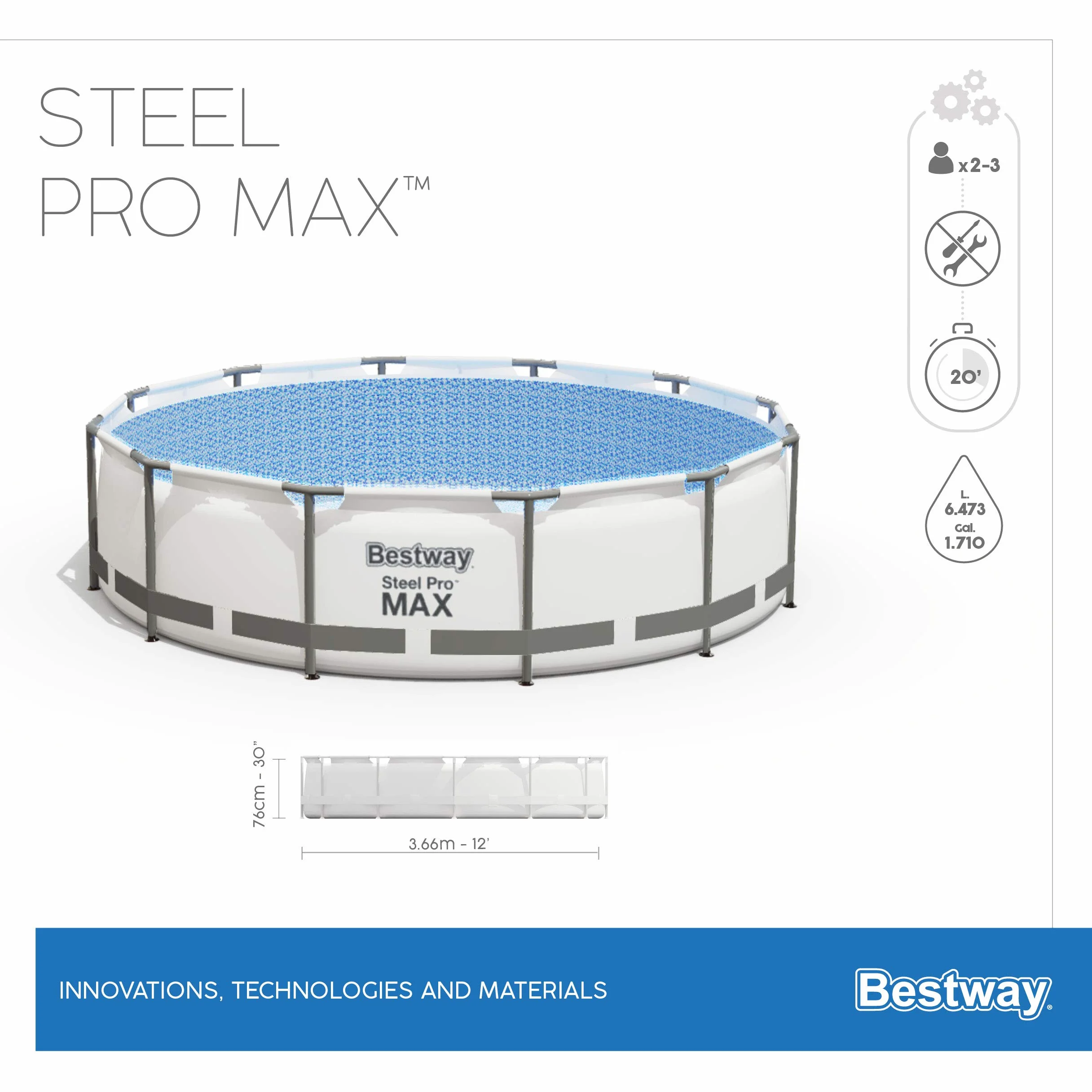 Bestway Steel Pro MAX Frame zestaw basenowy z pompą filtrującą, Ø 366 x 76 cm, jasnoszary, okrągły