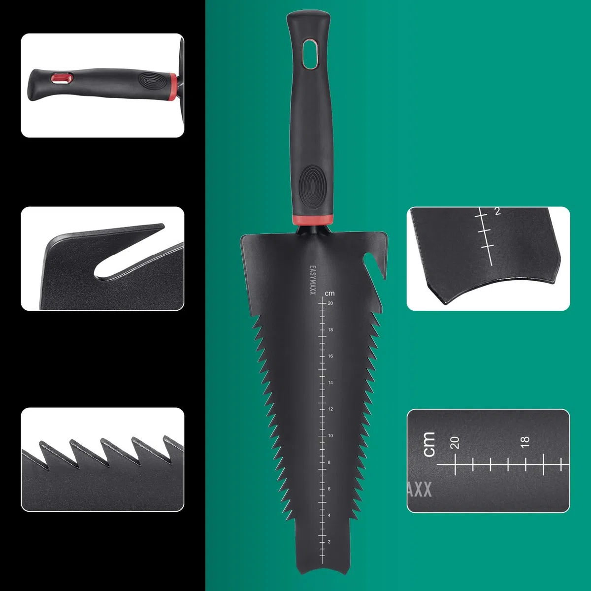 EASYmaxx Łopata do korzeni 4 w 1 i widelec 2 w 1 z piłą do korzeni w zestawie | wielofunkcyjne łopatki do kopania, piłowania, cięcia, spulchniania i przesadzania | Root Digger i łopata korzeni z