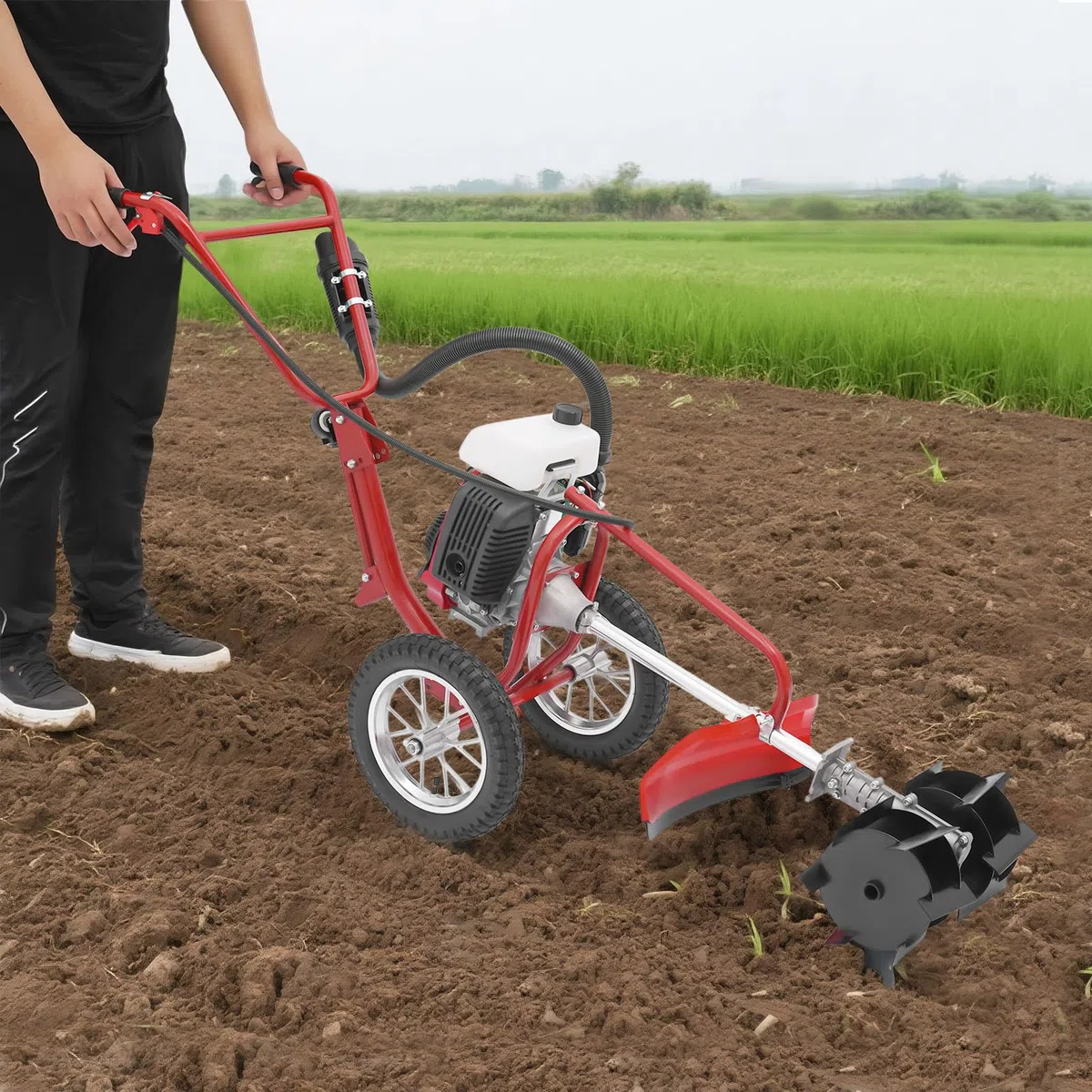 Frezarka ogrodowa na benzynę 63 CC, 4 KM, 4-suwowa, glebogryzarka spalinowa z kółkami, głębokość uprawy 10 cm, rozrusznik linowy 240 obr./min, glebogryzarka, kultywator do gleby