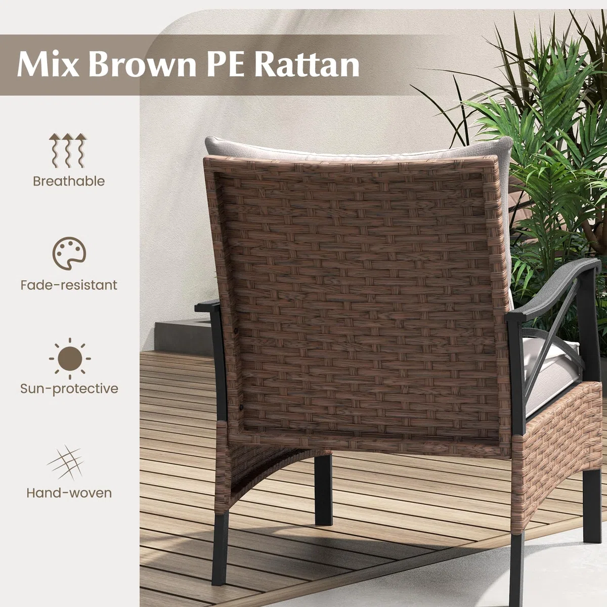 GIANTEX Zestaw mebli ogrodowych z rattanu, meble balkonowe, mały balkon, meble tarasowe, zestaw 2 foteli z taboretem, w zestawie z poduszkami, zestaw mebli balkonowych na balkon dla 2 osób, zestaw