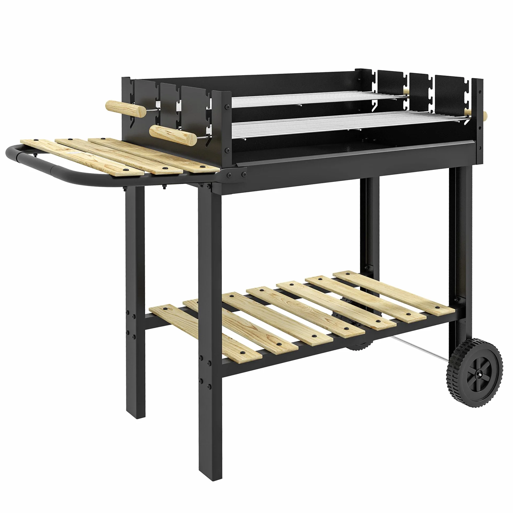 Outsunny Grill na węgiel drzewny z półką, uchwyt 113 x 53,5 x 82,5 cm, czarny | Grill ogrodowy, dwa ruszty do grillowania, grill kempingowy z metalu do grilla