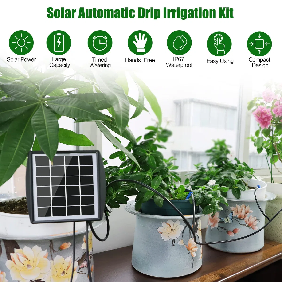 JIYANG Solarne automatyczne nawadnianie zestawy ogrodowe, automatyczne zestawy nawadniania, akcesoria do nawadniania programatora, wąż 10 m, z urządzeniem antysyfonowym