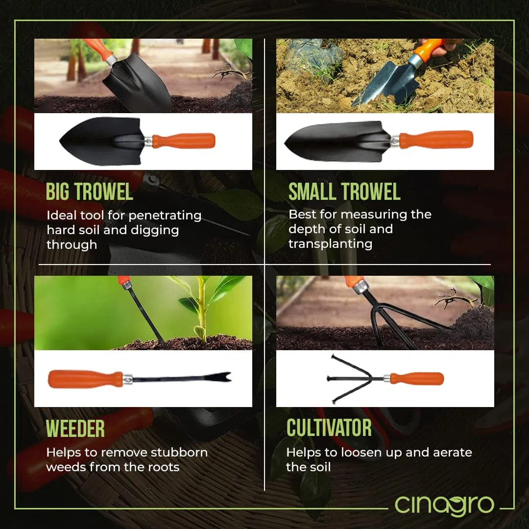 Cinagro Zestaw 7 narzędzi ogrodowych, 2 kielnie, widelec ręczny, kultywator, nożyczki, sekator, zestaw narzędzi ogrodniczych do ogrodu, ogrodnictwa wewnętrznego i zewnętrznego