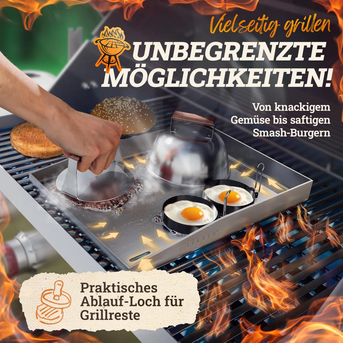 LIKAYA Plancha płyta grillowa [30 x 40 cm] z 2 x szpachelką do grillowania z uchwytem z drewna akacjowego FSC, akcesoria do grilla, stal nierdzewna bez wypaczania, grill gazowy Plancha, zamknięte