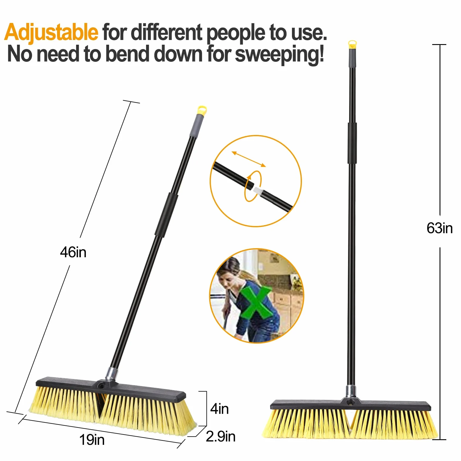 Miotła pchana na zewnątrz 45 cm – wytrzymała miotła z długim uchwytem 160 cm do podjazdu tarasu, garażu, podwórka, patio, czyszczenia podłóg betonowych