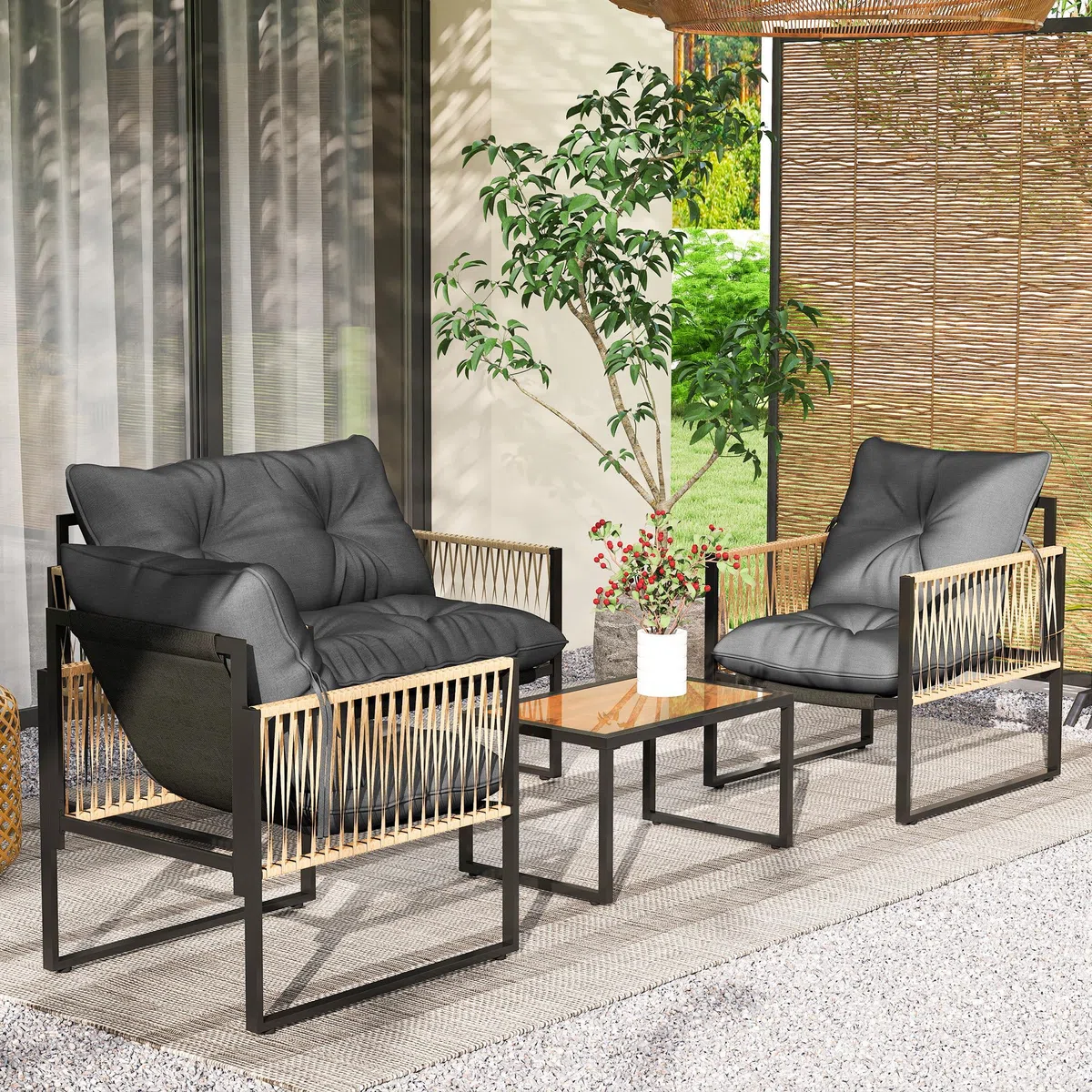 Outsunny 4-cz. rattanowy zestaw ogrodowy z poduszkami Brąz | Zestaw wypoczynkowy, meble ogrodowe, stolik szklany, 2 fotele, sofa 2-os., na taras